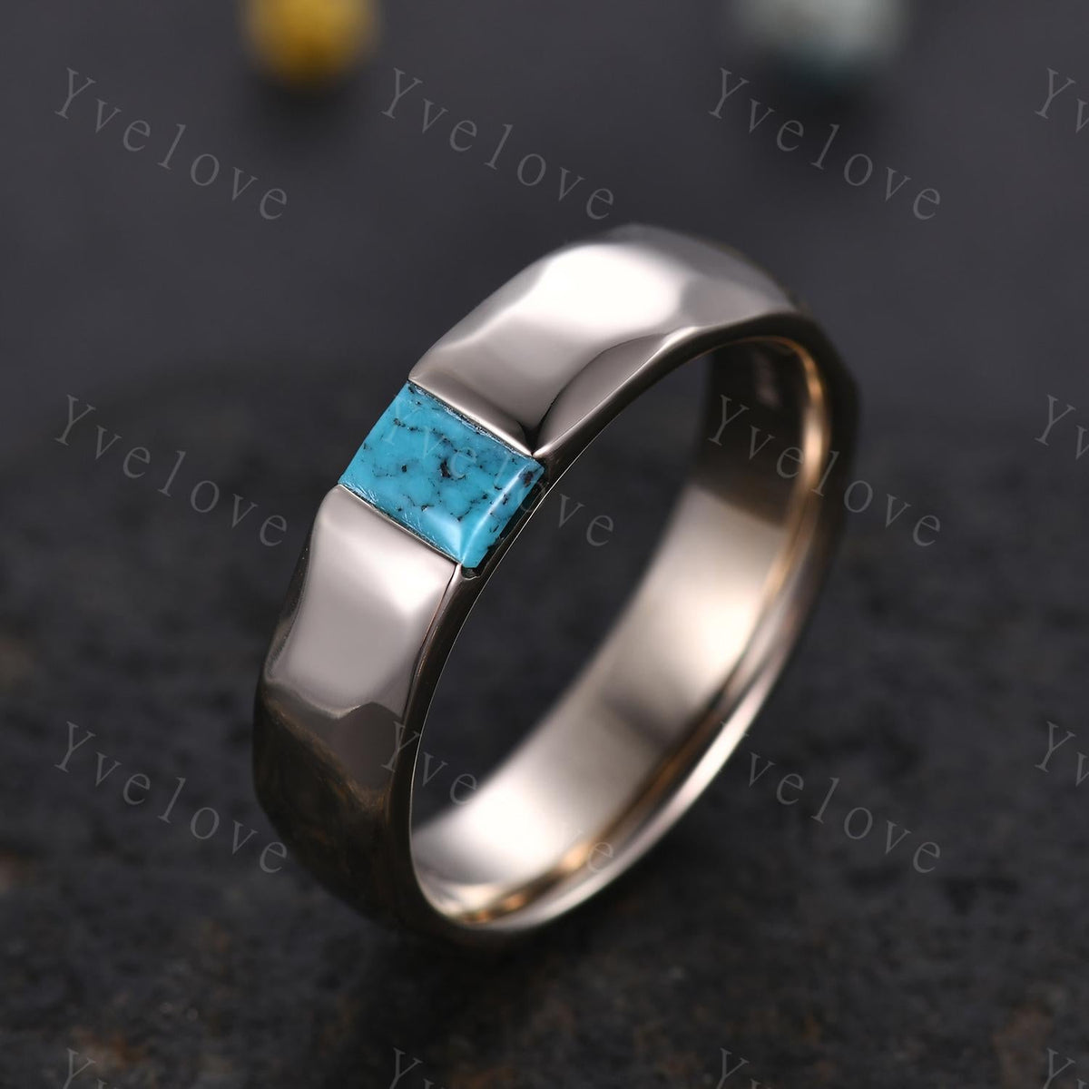 Ancient Mens Turquoise Wedding Band Baguette Cut Turquoise Band Unique Mens Hammered Stacking Matching Band Vintage Retro Ring Gift For Him