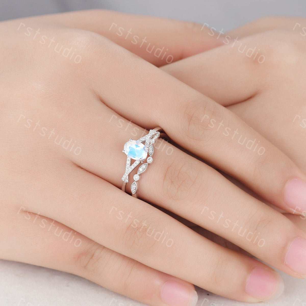 Oval Moonstone Engagement Ring Set: Vintage Art Deco Silver Bridal Set