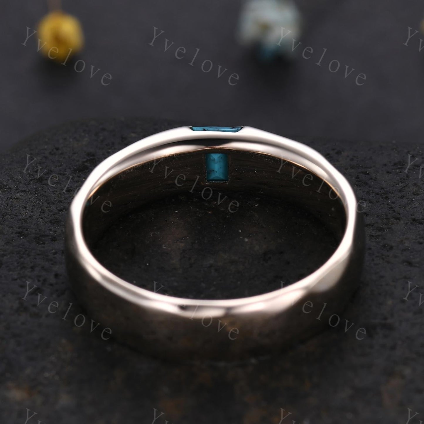 Ancient Mens Turquoise Wedding Band Baguette Cut Turquoise Band Unique Mens Hammered Stacking Matching Band Vintage Retro Ring Gift For Him