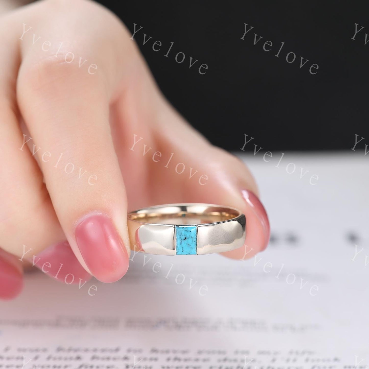 Ancient Mens Turquoise Wedding Band Baguette Cut Turquoise Band Unique Mens Hammered Stacking Matching Band Vintage Retro Ring Gift For Him