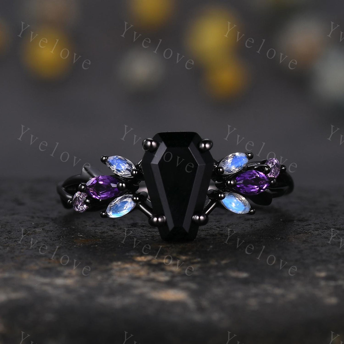 Vintage Coffin Black Onyx Engagement Ring,14k Black Gold,Twig Amethyst Moonstone Ring,Women Bridal Ring,Retro Promise Ring For Her Custom