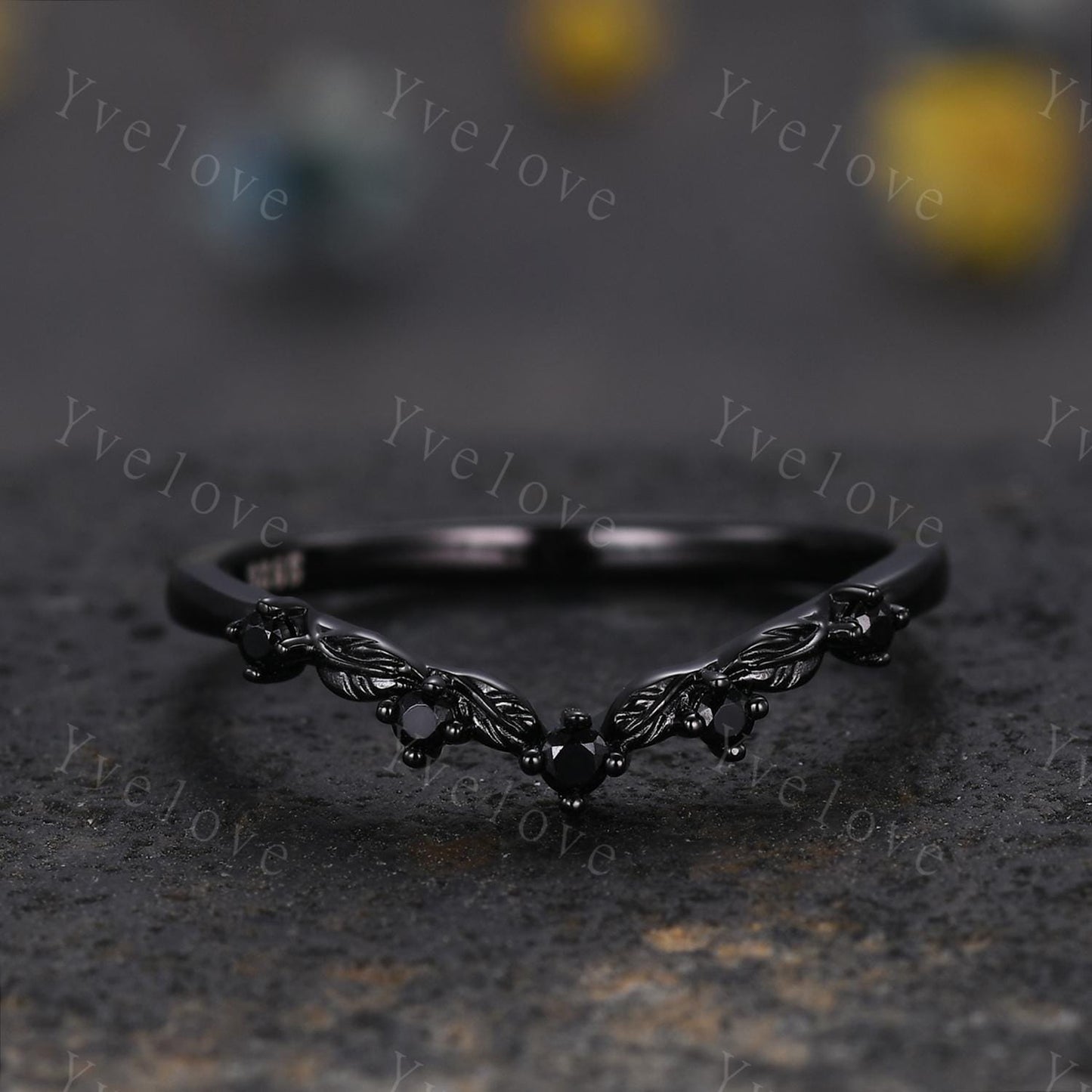 Retro Black Spinel Engagement Ring,Twig Leaf Matching Band,Women Vine Band,Gothic V Curved Branch Wedding Band,Black Gold Wedding Band Gift
