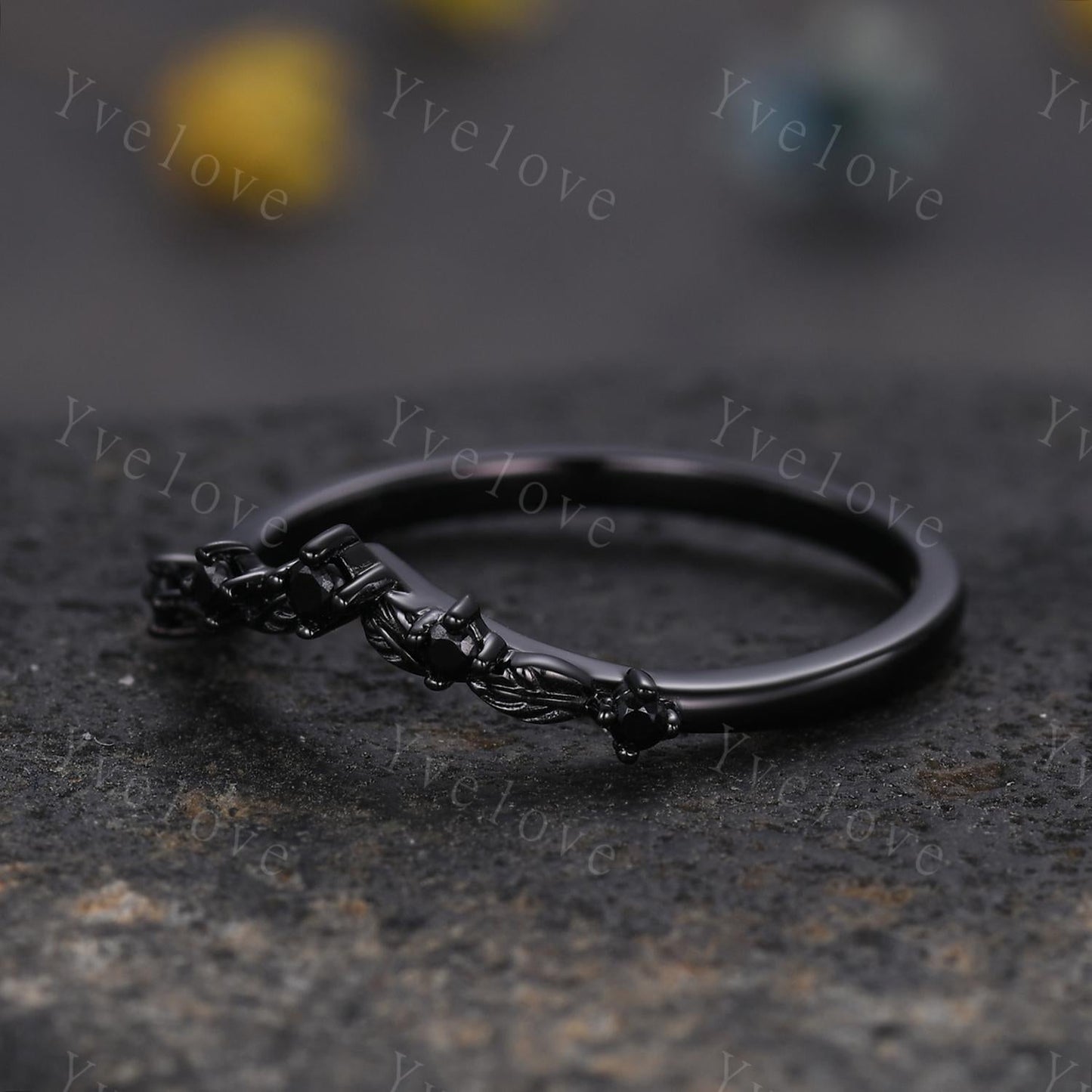 Retro Black Spinel Engagement Ring,Twig Leaf Matching Band,Women Vine Band,Gothic V Curved Branch Wedding Band,Black Gold Wedding Band Gift