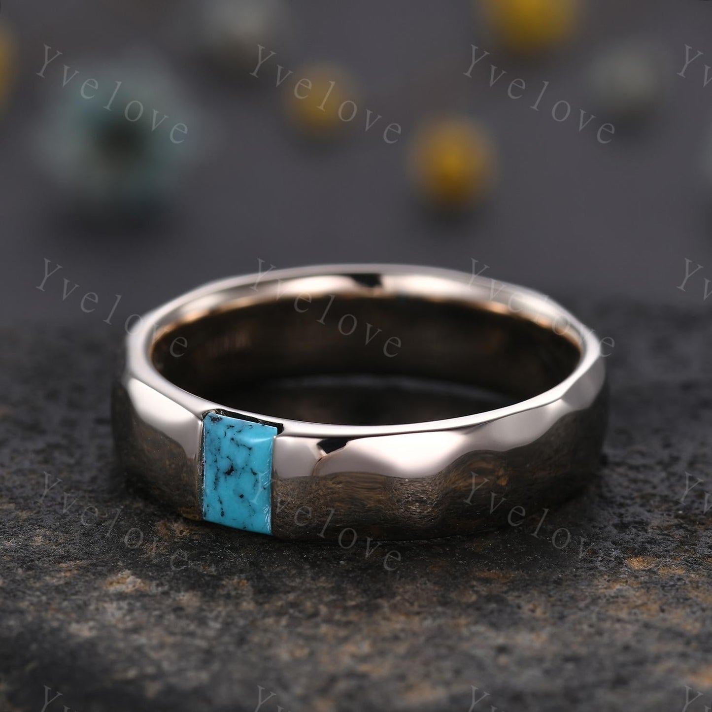 Ancient Mens Turquoise Wedding Band Baguette Cut Turquoise Band Unique Mens Hammered Stacking Matching Band Vintage Retro Ring Gift For Him
