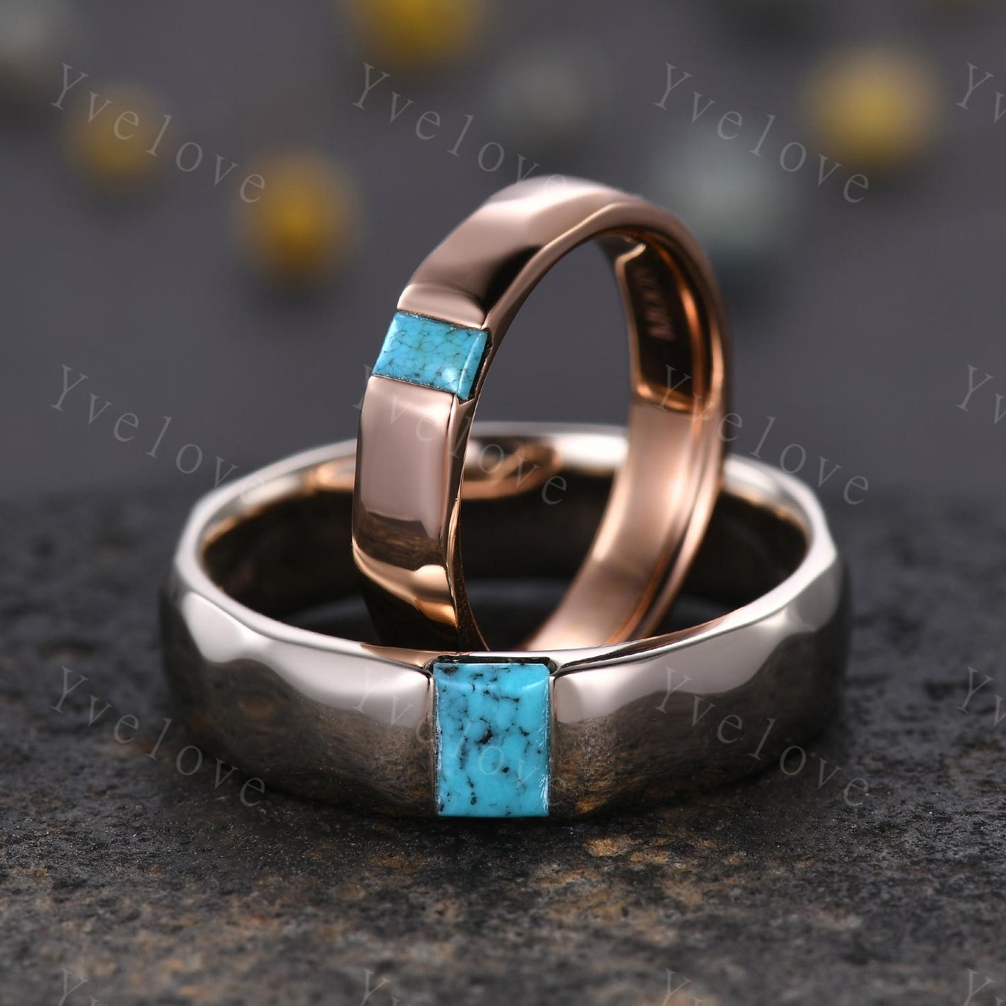 Ancient Mens Turquoise Wedding Band Baguette Cut Turquoise Band Unique Mens Hammered Stacking Matching Band Vintage Retro Ring Gift For Him