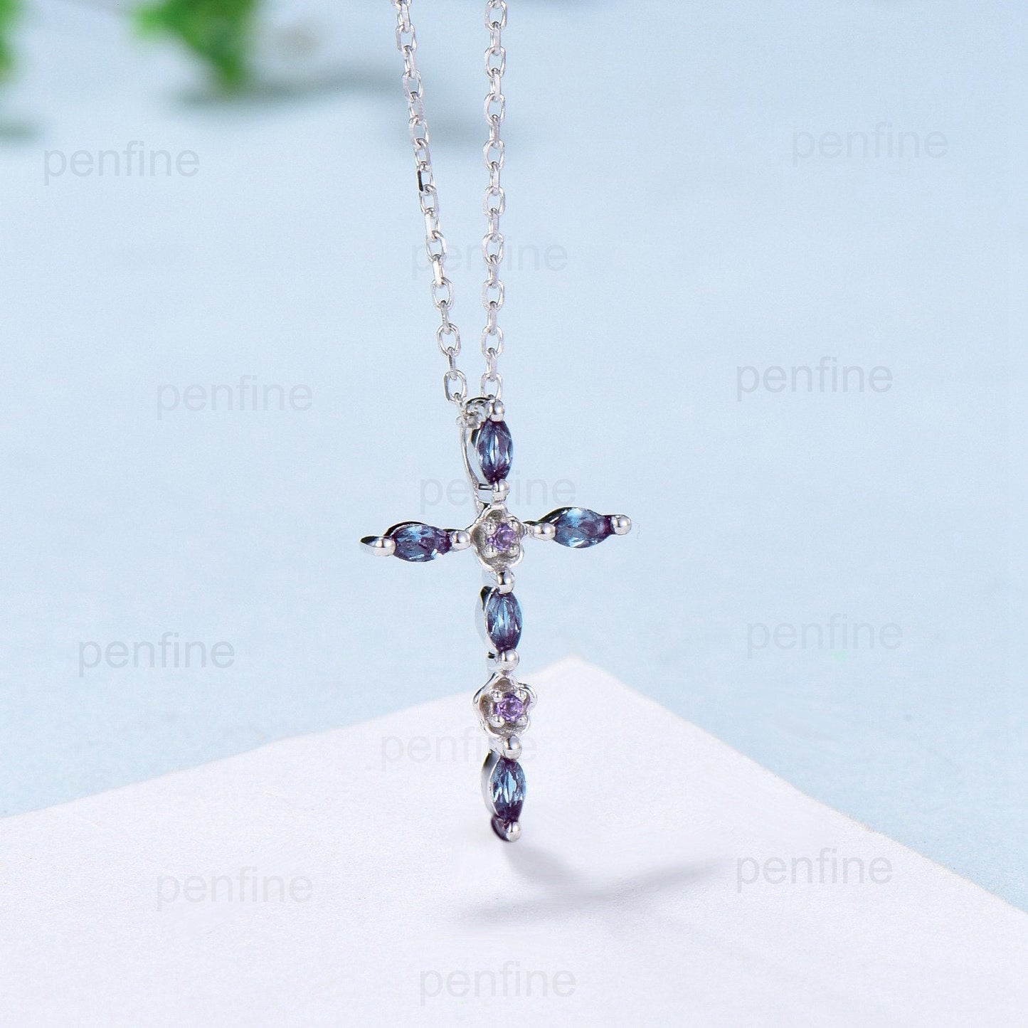Cross Pendant Necklace Alexandrite Flower Amethyst Necklace Cross Jesus Retro Vintage Cross Pendant White Gold Anniversary gift for women