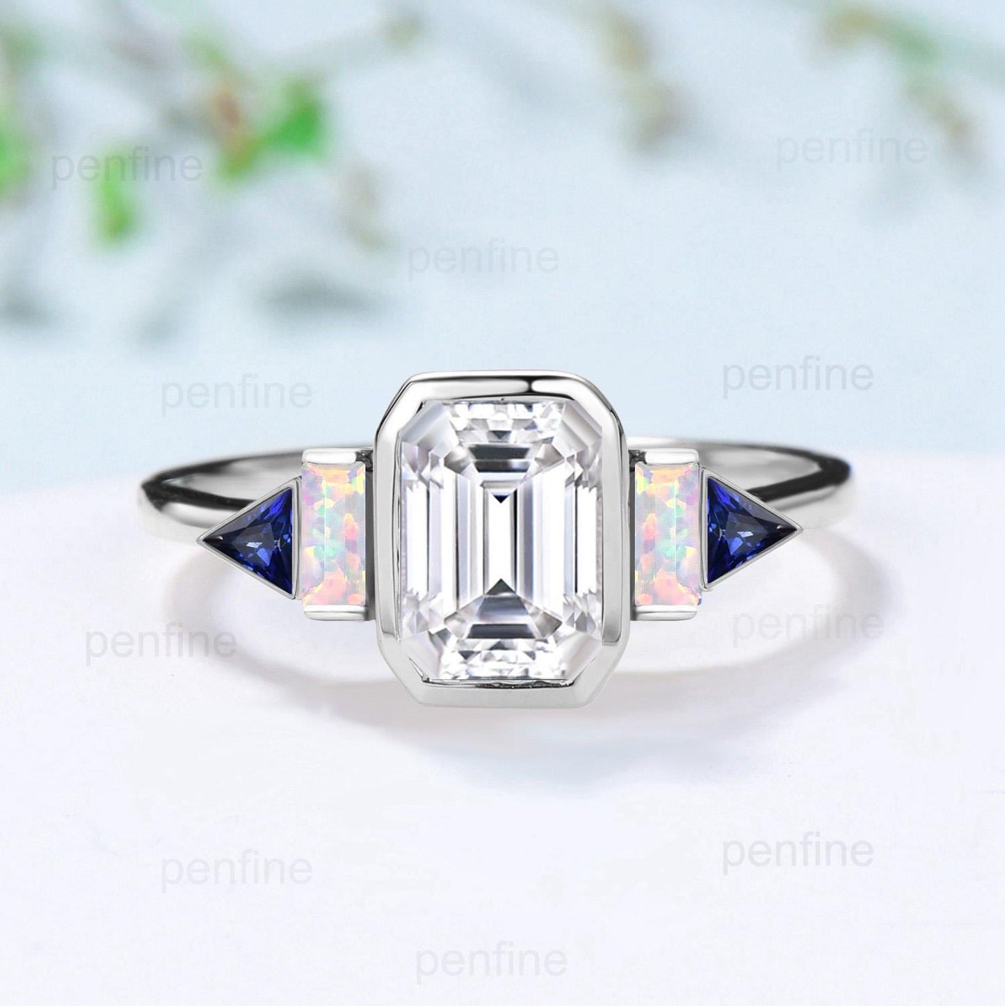 Unique Bezel Set Emerald Cut Moissanite Engagement Ring Retro Baguette Opal Trillion Blue Sapphire Wedding Ring Vintage Anniversary Ring