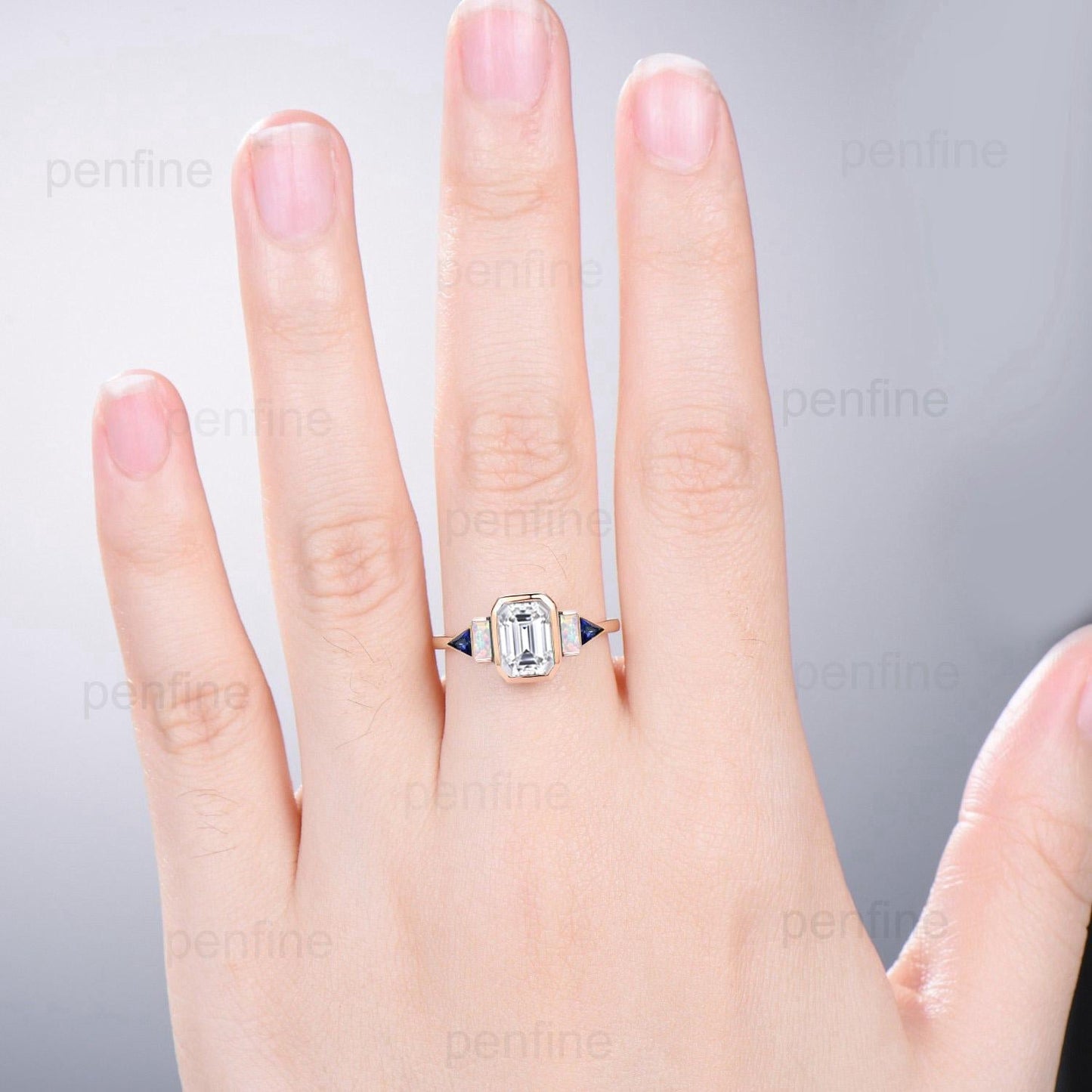 Unique Bezel Set Emerald Cut Moissanite Engagement Ring Retro Baguette Opal Trillion Blue Sapphire Wedding Ring Vintage Anniversary Ring