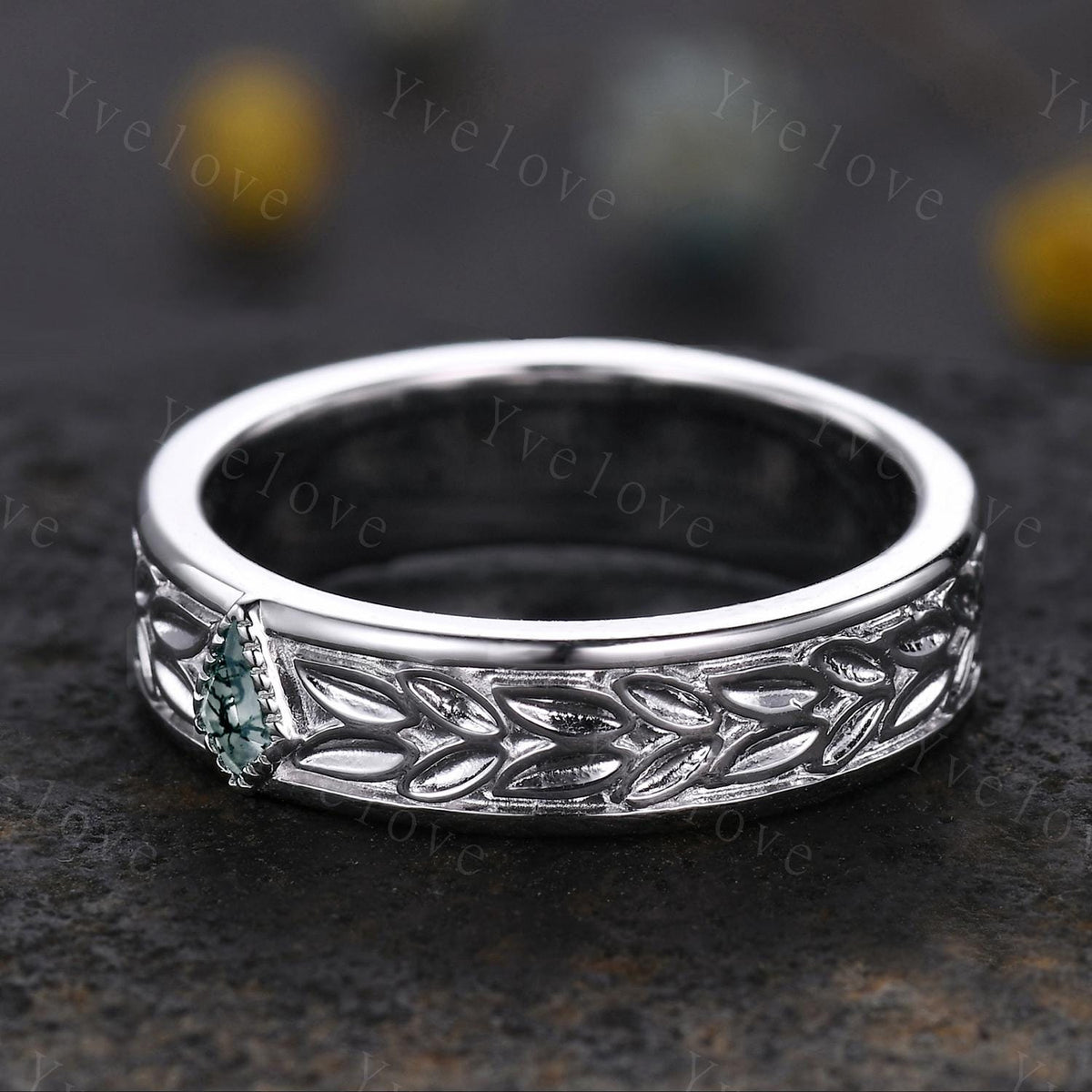 3/4 Eternity Kite Moss Agate Leaf Wedding Band Unisex Silver Black Ring Nature Inspired Promise Bridal Ring Custom Jewelry Rings For Men