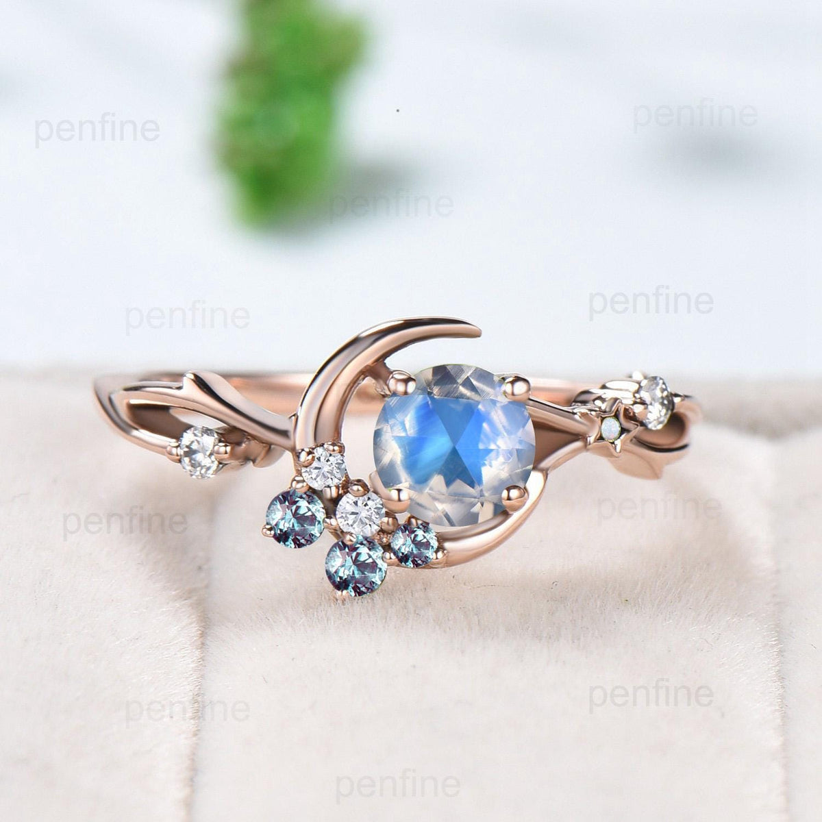 5mm Round Rose Cut Moonstone Engagement Ring /Cluster Alexandrite Opal Wedding Ring/ Vintage Star Moon June Birthstone Anniversary Ring