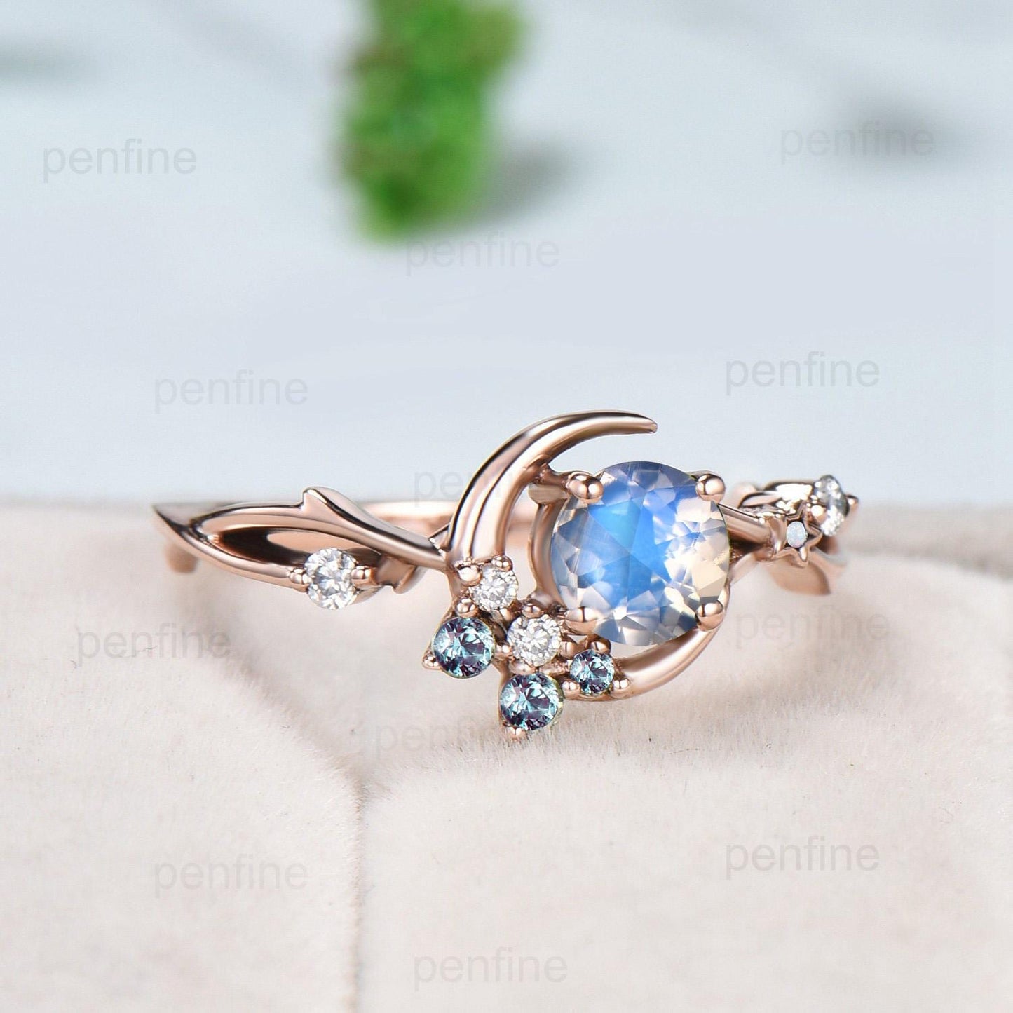 5mm Round Rose Cut Moonstone Engagement Ring /Cluster Alexandrite Opal Wedding Ring/ Vintage Star Moon June Birthstone Anniversary Ring