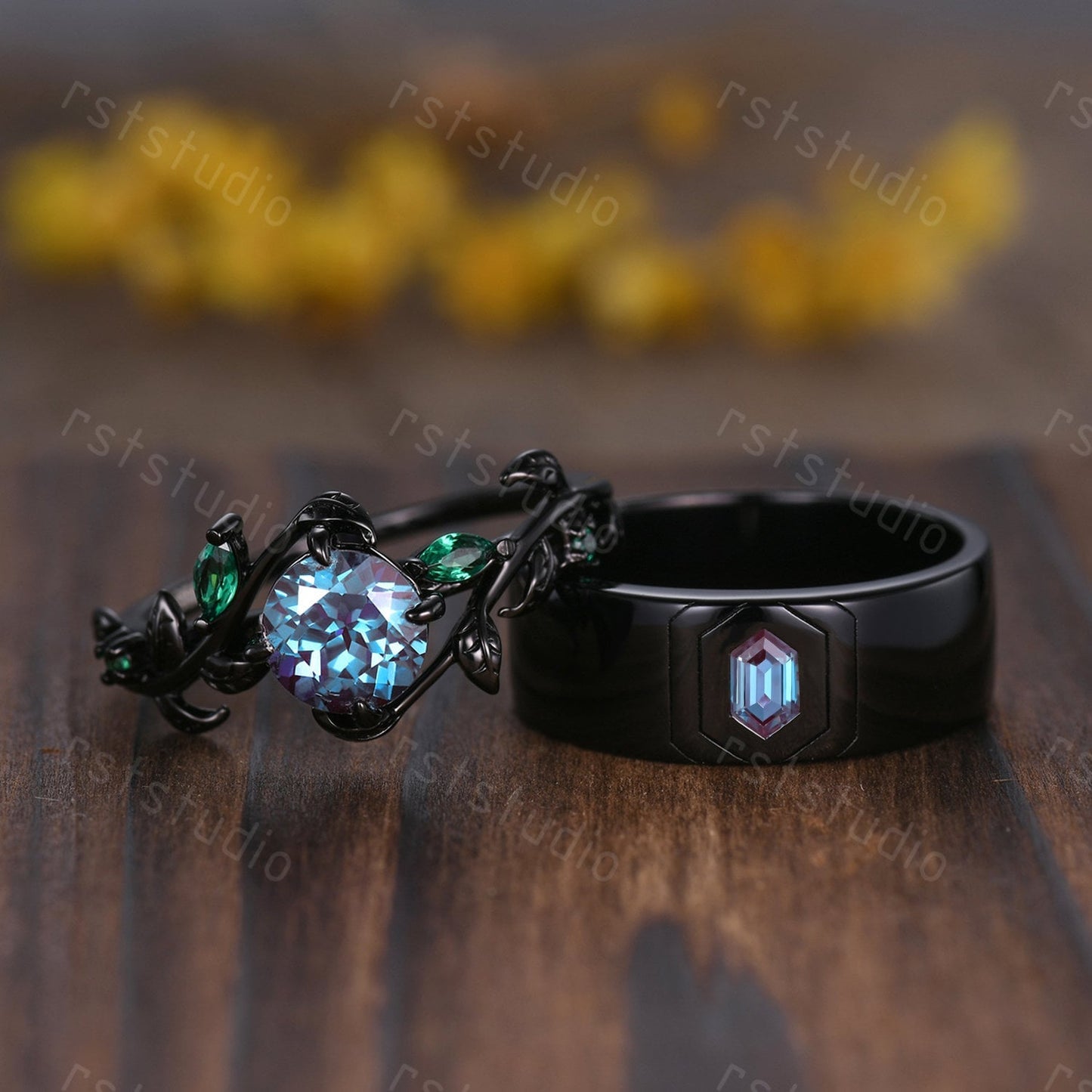 Nature Inspired Alexandrite Engagement Ring: Emerald Leaf, Black Band