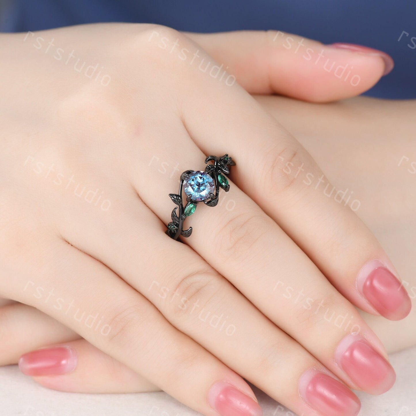 Nature Inspired Alexandrite Engagement Ring: Emerald Leaf, Black Band
