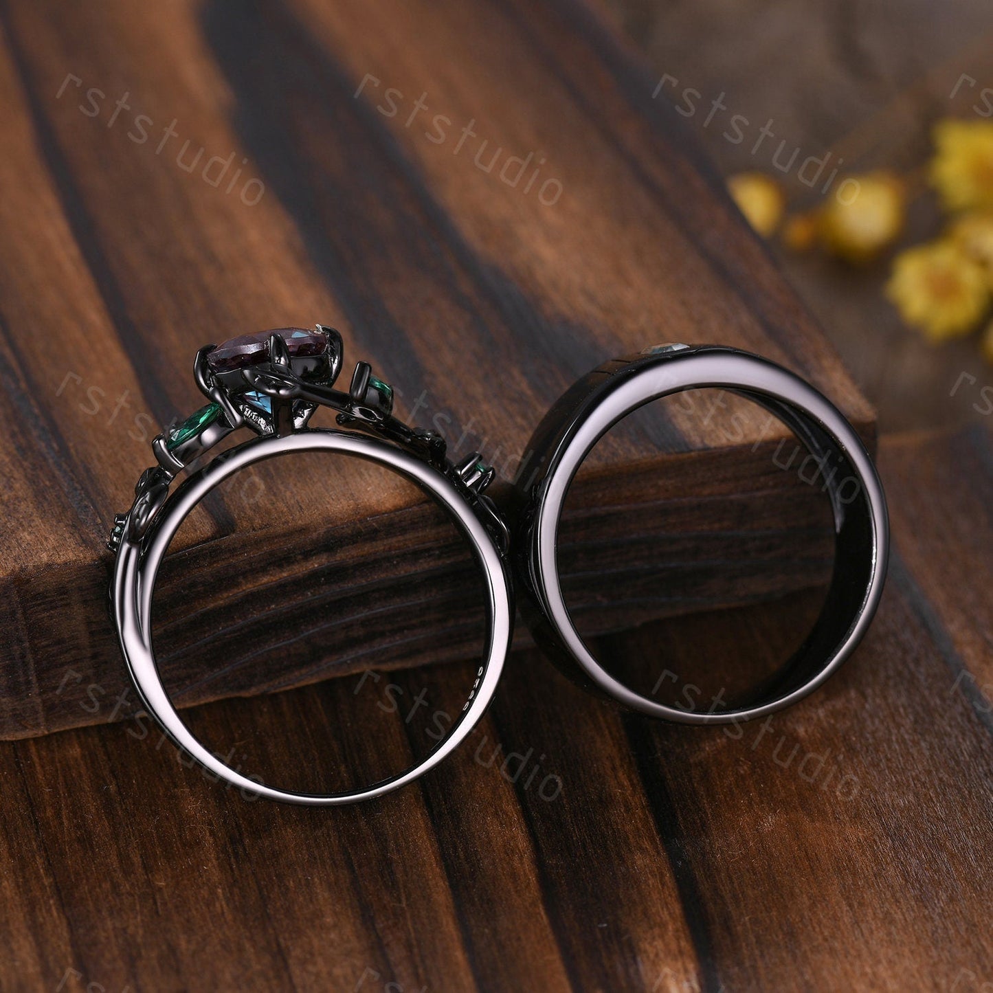 Gothic Black Onyx Couples Ring Set: Silver & Black Promise Rings