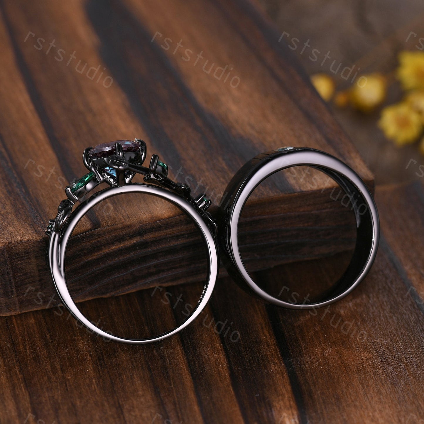 Gothic Couples Emerald Wedding Ring Set: Black Gold Promise Rings