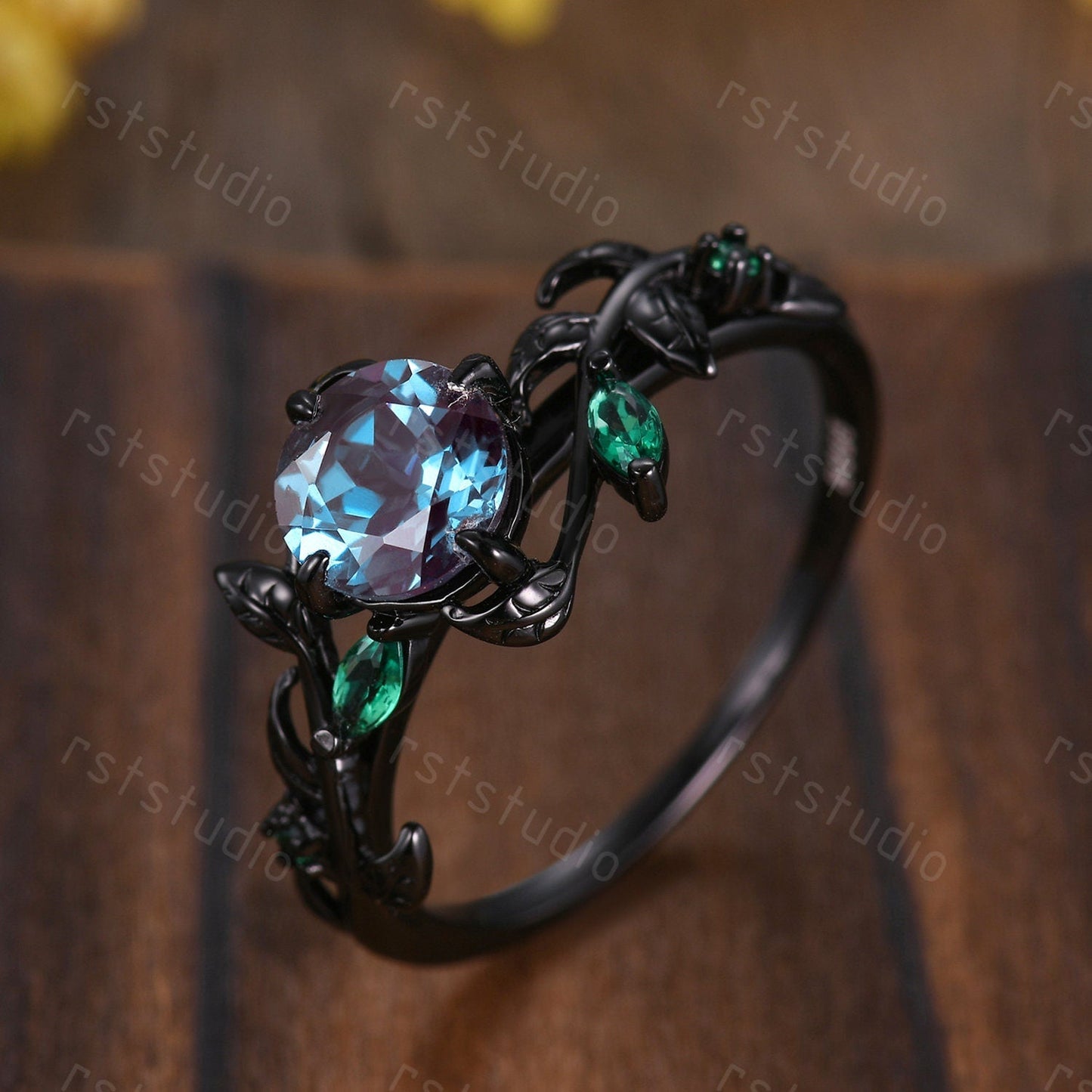 Nature Inspired Alexandrite Engagement Ring: Emerald Leaf, Black Band