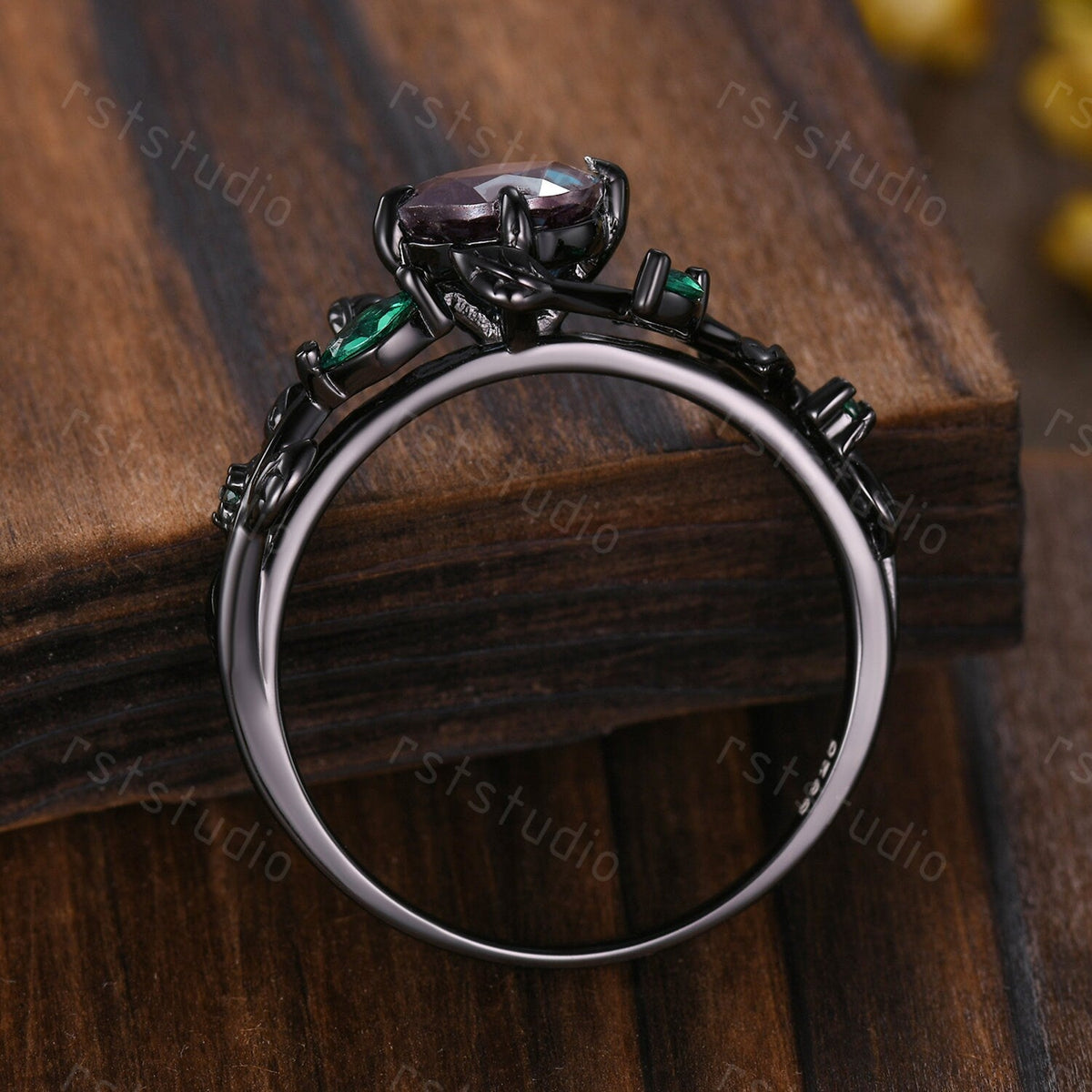 Nature Inspired Alexandrite Engagement Ring: Emerald Leaf, Black Band