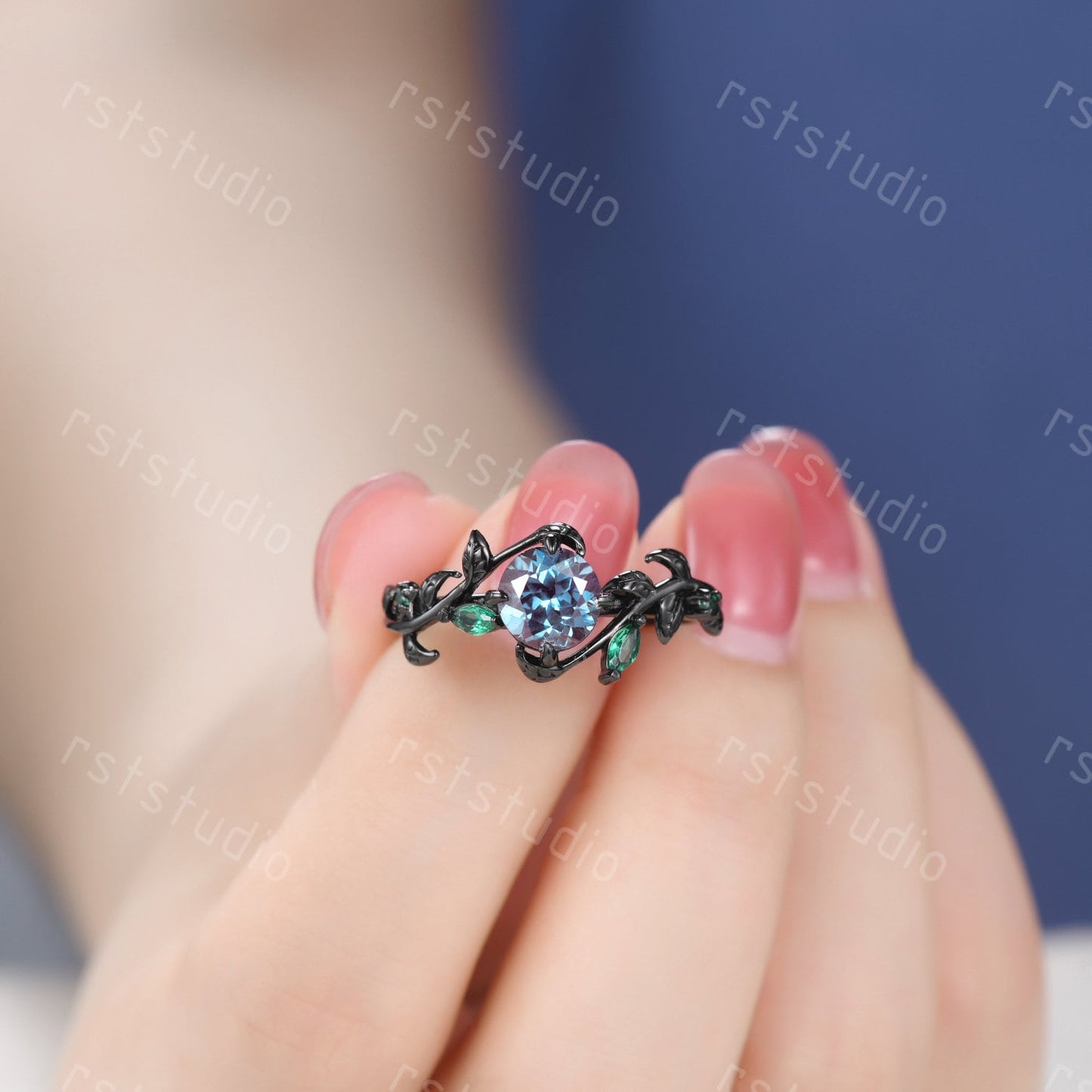 Nature Inspired Alexandrite Engagement Ring: Emerald Leaf, Black Band
