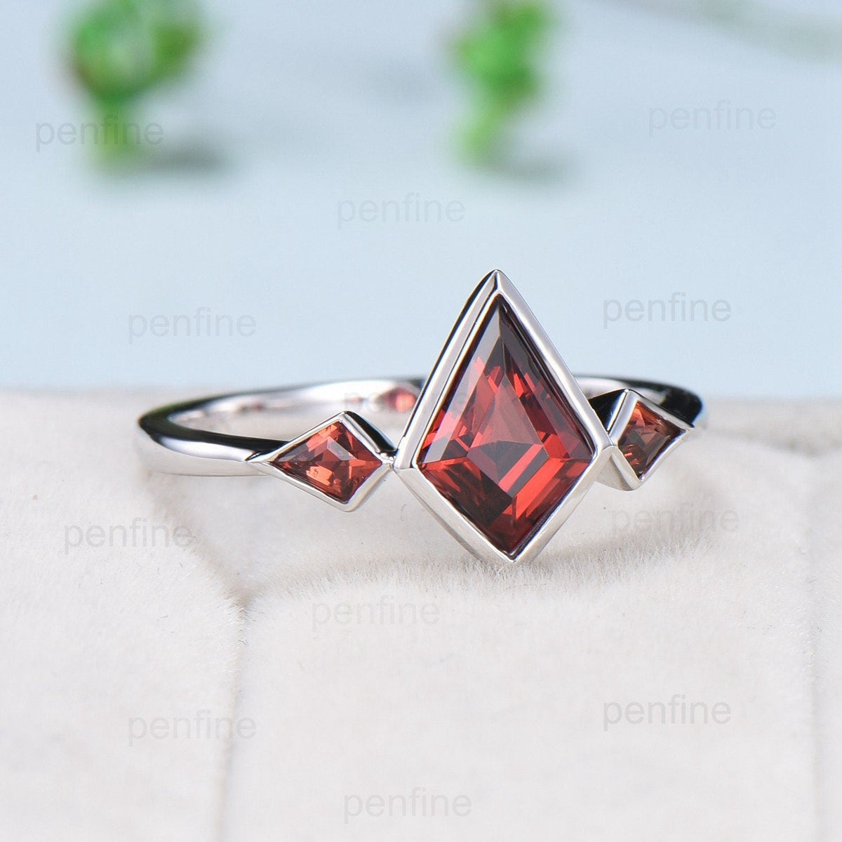 Kite Cut Red Garnet Engagement Ring - Modern Bezel Set Three Stone Band