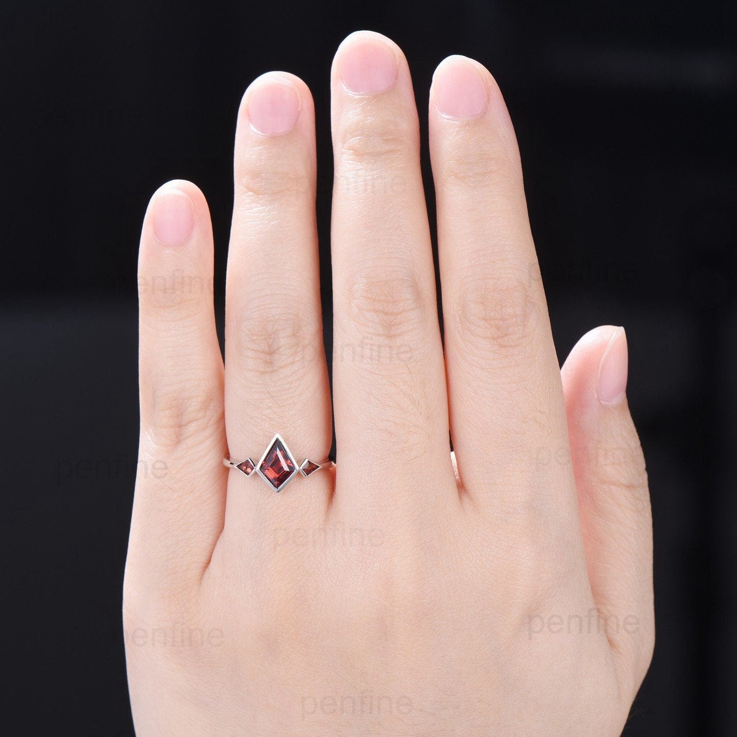 Kite Cut Red Garnet Engagement Ring - Modern Bezel Set Three Stone Band