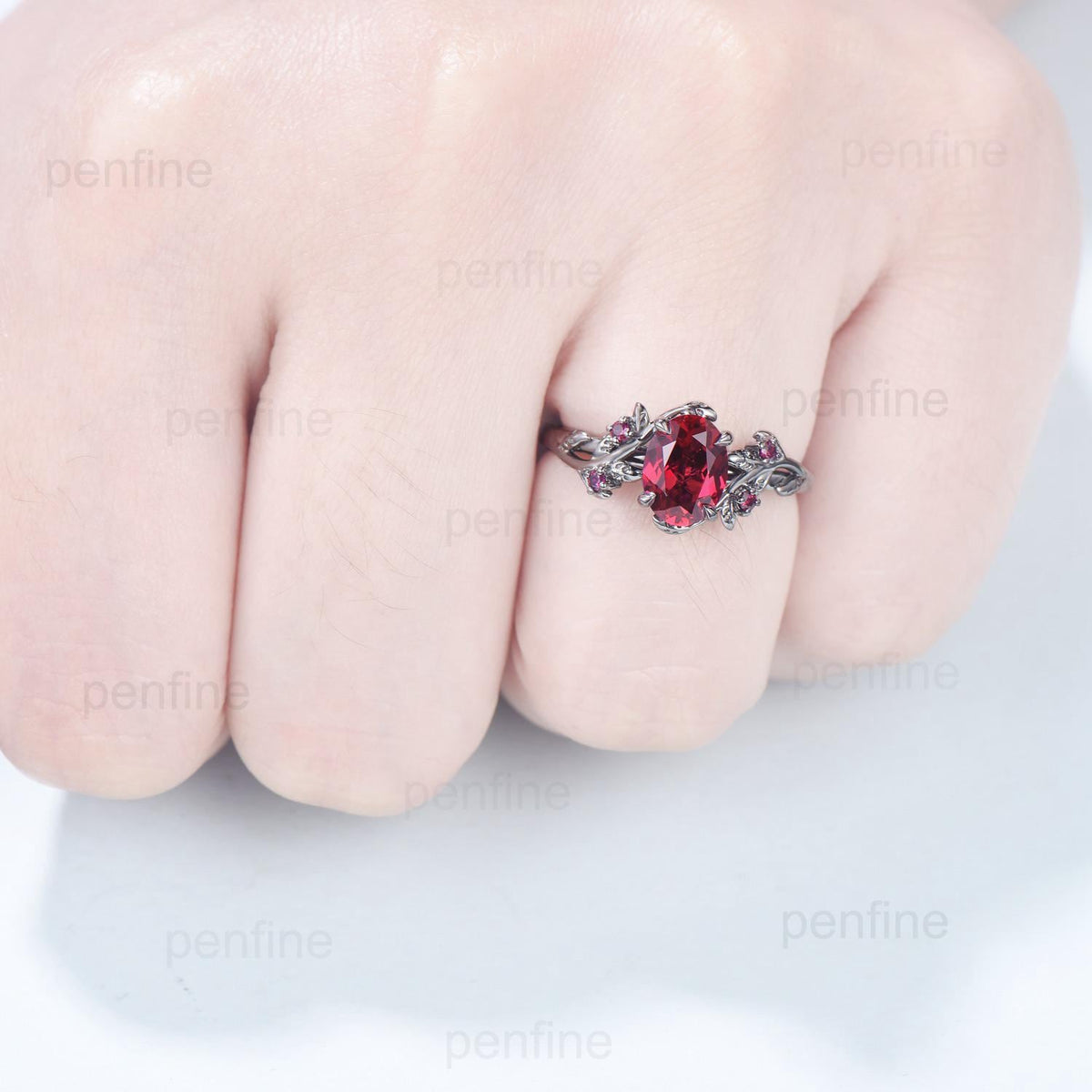 Elegant Black Gold Ruby Ring Vintage Lab Ruby Engagement Ring Leaf Cluster Ruby Wedding Women July birthstone Natural inspired  Branch Ring