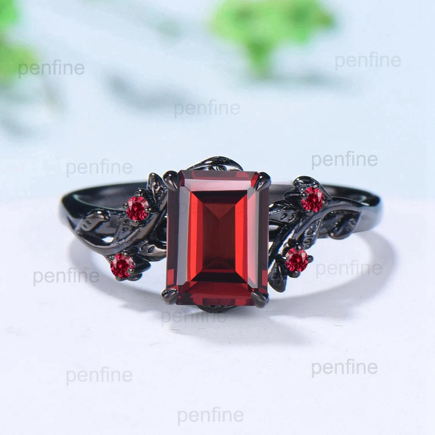 Elegant Black Gold Ruby Ring Vintage Lab Ruby Engagement Ring Leaf Cluster Ruby Wedding Women July birthstone Natural inspired  Branch Ring