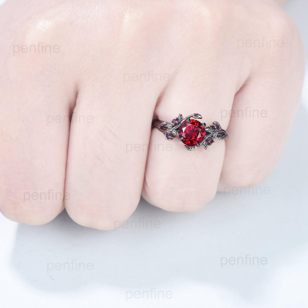 Elegant Black Gold Ruby Ring Vintage Lab Ruby Engagement Ring Leaf Cluster Ruby Wedding Women July birthstone Natural inspired  Branch Ring