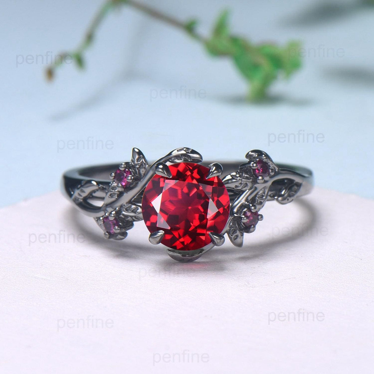 Elegant Black Gold Ruby Ring Vintage Lab Ruby Engagement Ring Leaf Cluster Ruby Wedding Women July birthstone Natural inspired  Branch Ring
