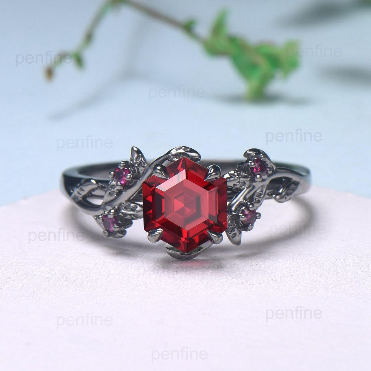 Elegant Black Gold Ruby Ring Vintage Lab Ruby Engagement Ring Leaf Cluster Ruby Wedding Women July birthstone Natural inspired  Branch Ring