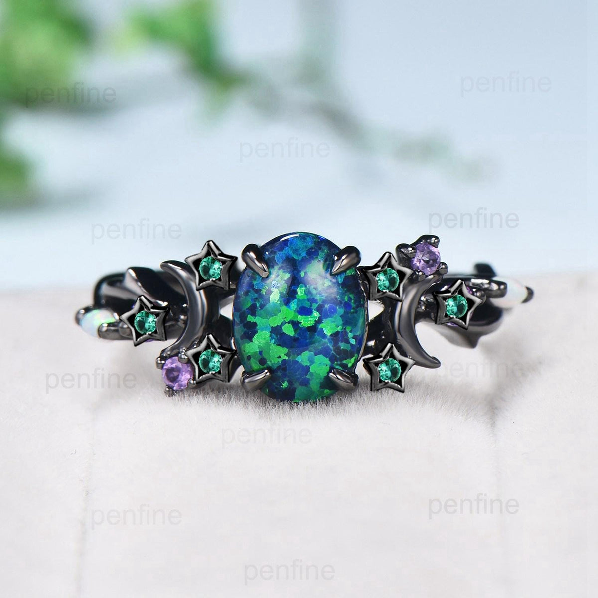 Unique Moon Star Black Gold Opal Engagement Ring Magic Fire Opal Galaxy Emerald Wedding Ring Cluster Amethyst Anniversary Ring Gift Women