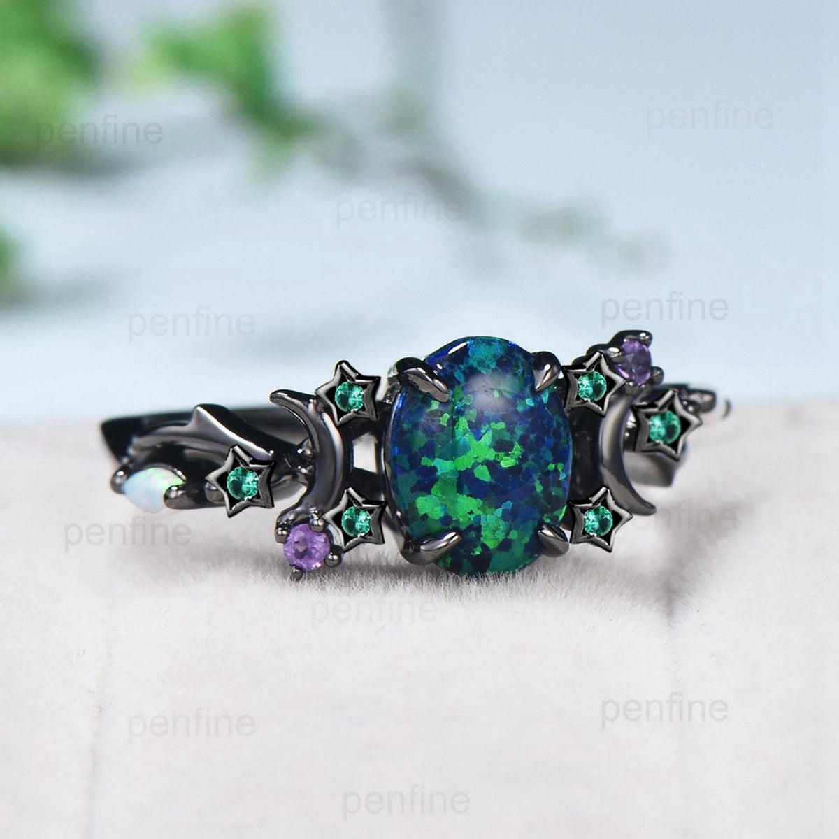 Unique Moon Star Black Gold Opal Engagement Ring Magic Fire Opal Galaxy Emerald Wedding Ring Cluster Amethyst Anniversary Ring Gift Women
