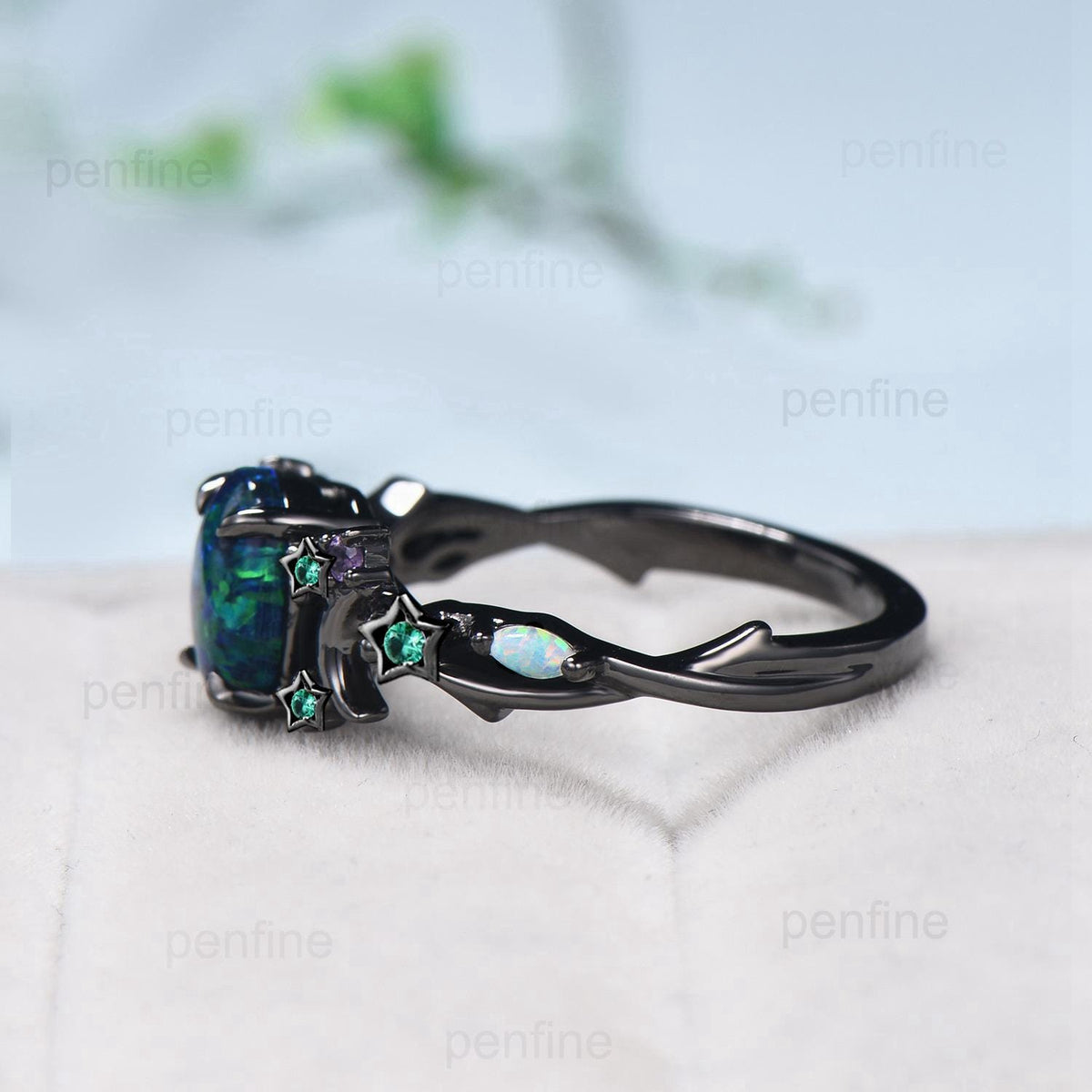 Unique Moon Star Black Gold Opal Engagement Ring Magic Fire Opal Galaxy Emerald Wedding Ring Cluster Amethyst Anniversary Ring Gift Women