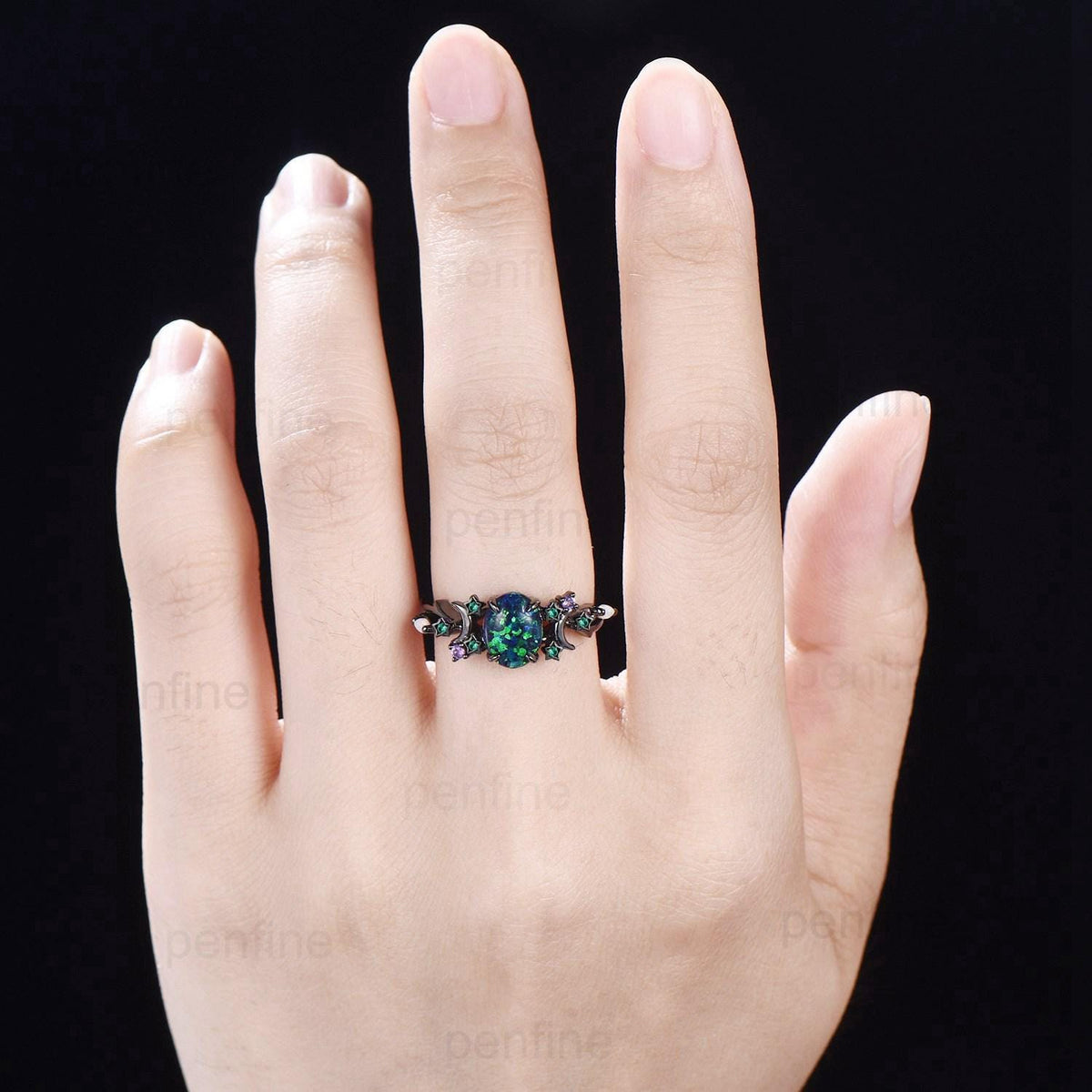 Unique Moon Star Black Gold Opal Engagement Ring Magic Fire Opal Galaxy Emerald Wedding Ring Cluster Amethyst Anniversary Ring Gift Women