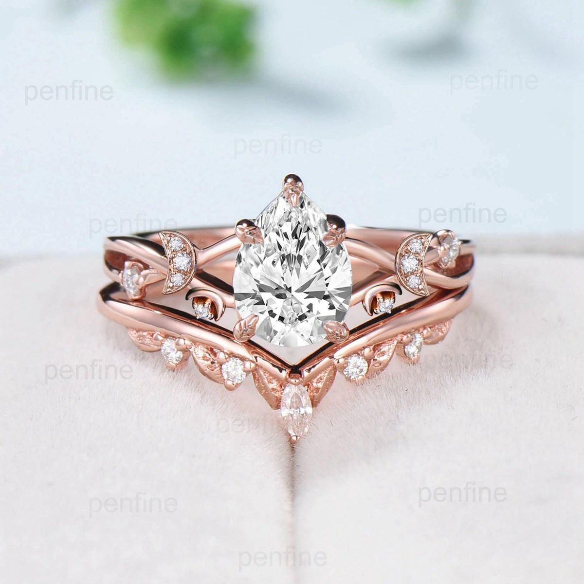 Vinatge pear shaped moissanite wedding ring set moon engagement ring women vintage unique anniversary gift rose gold lab grown diamond ring