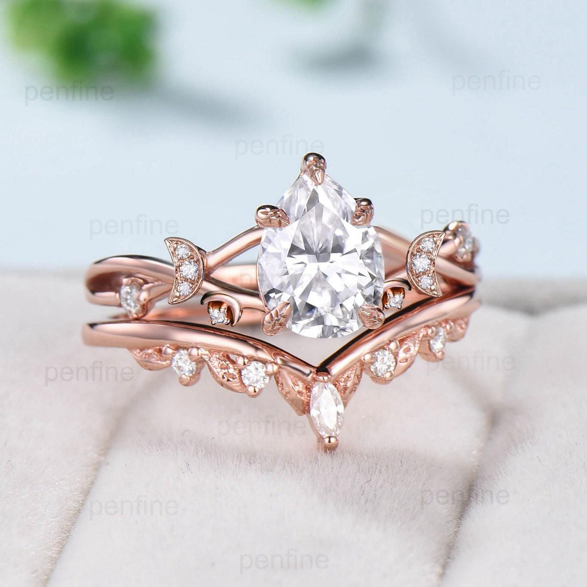 Vinatge pear shaped moissanite wedding ring set moon engagement ring women vintage unique anniversary gift rose gold lab grown diamond ring