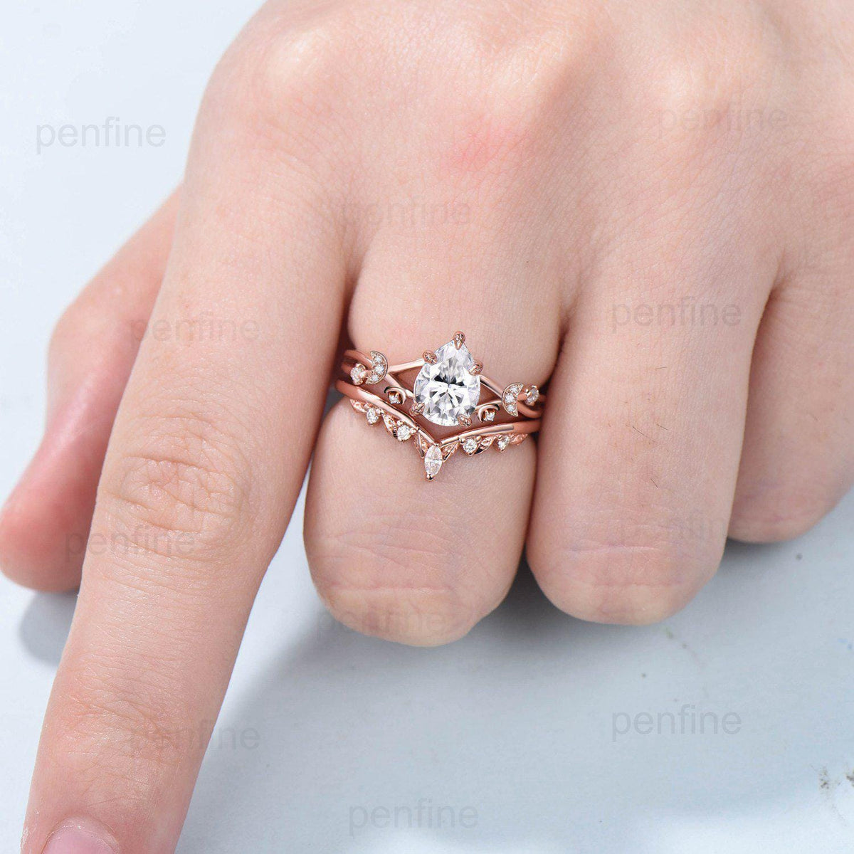 Vinatge pear shaped moissanite wedding ring set moon engagement ring women vintage unique anniversary gift rose gold lab grown diamond ring