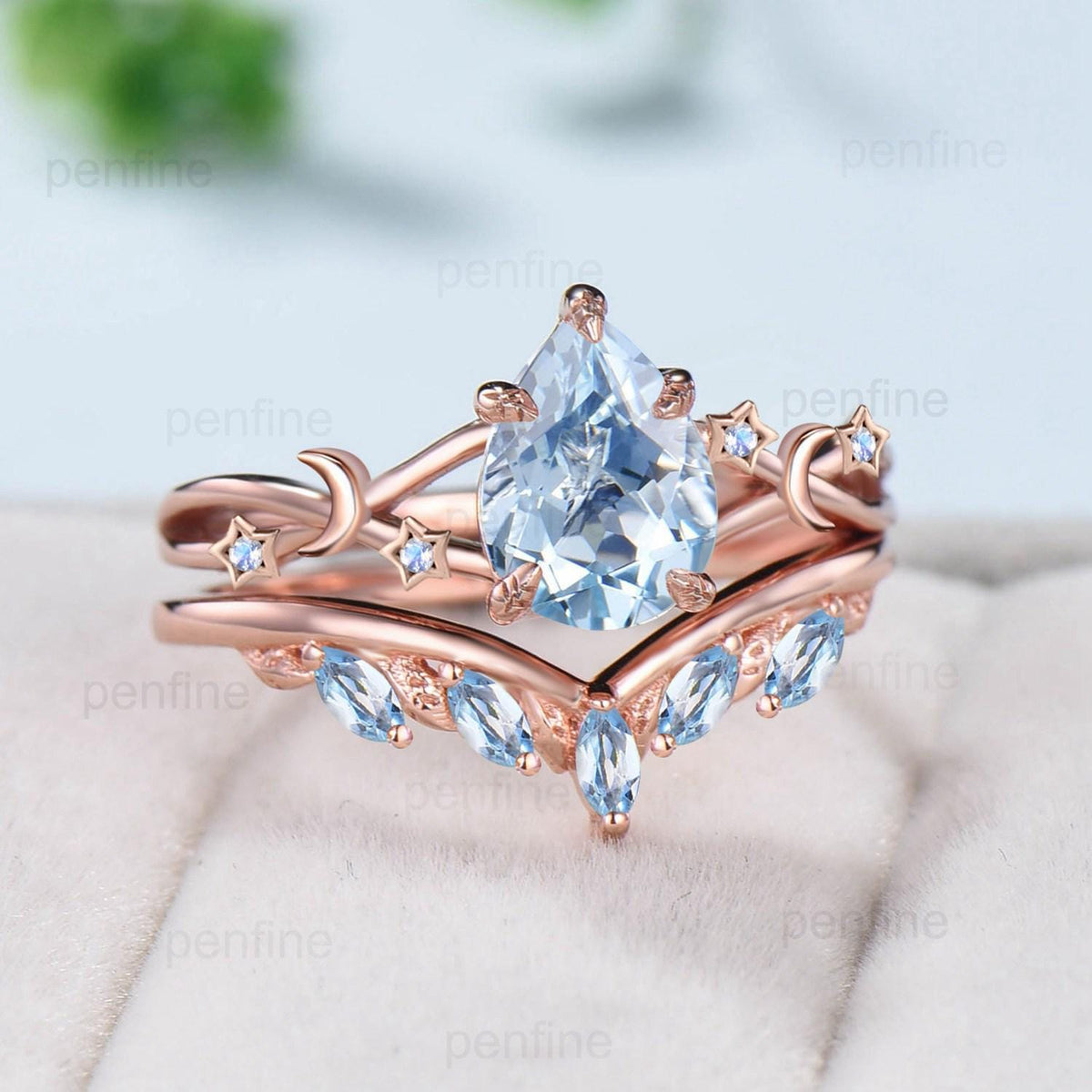 Vintage Pear Shaped Natural Aquamarine Engagement Ring Set Unique 14k Rose Gold Moon Star Wedding Ring Set Marquise Aquamarine Band Women