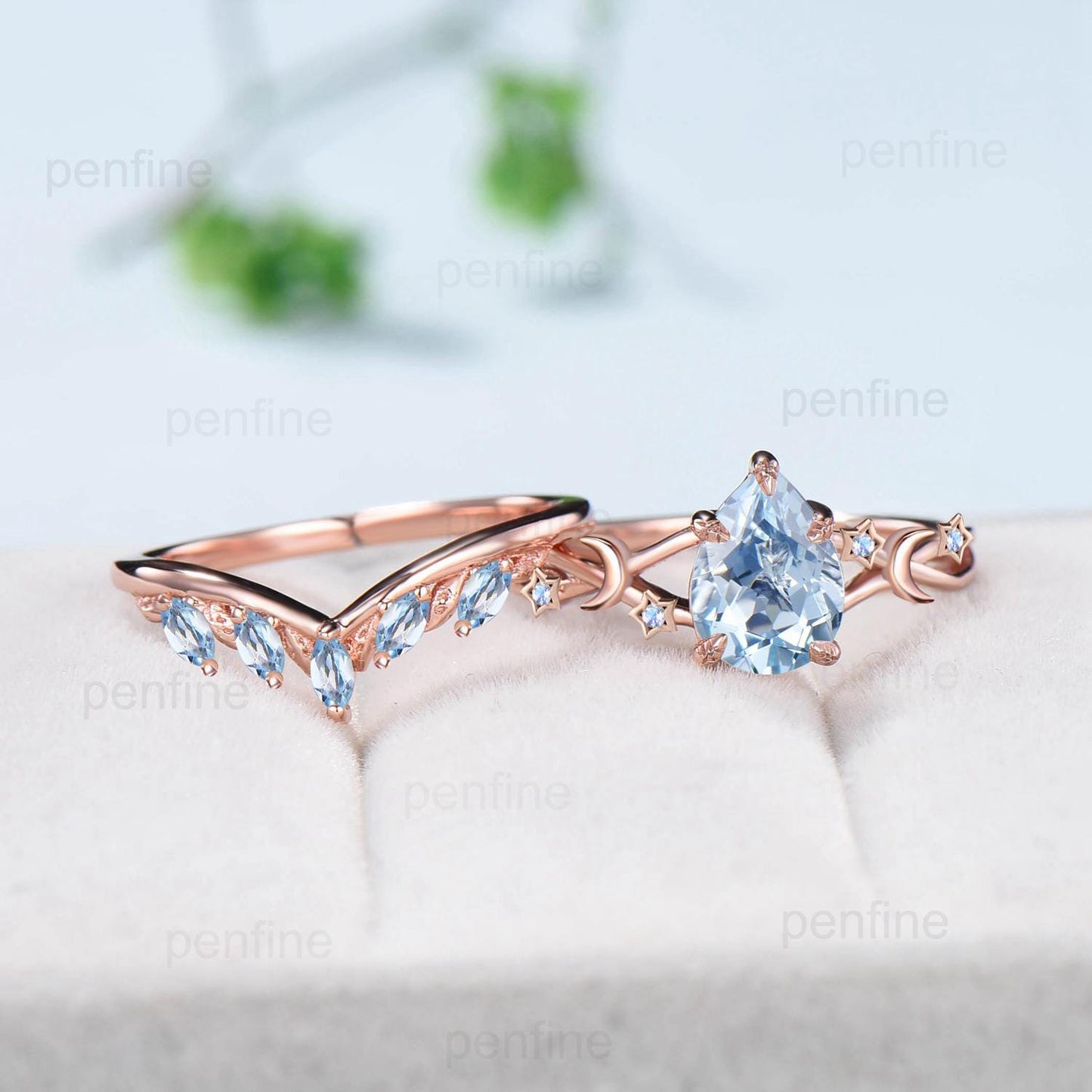 Vintage Pear Shaped Natural Aquamarine Engagement Ring Set Unique 14k Rose Gold Moon Star Wedding Ring Set Marquise Aquamarine Band Women