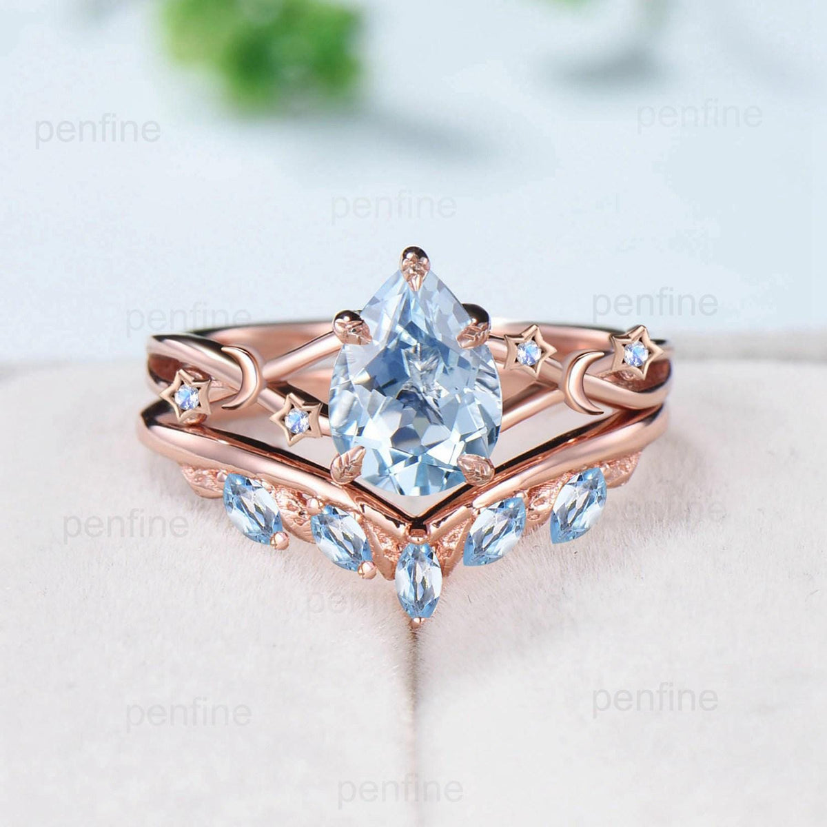 Vintage Pear Shaped Natural Aquamarine Engagement Ring Set Unique 14k Rose Gold Moon Star Wedding Ring Set Marquise Aquamarine Band Women