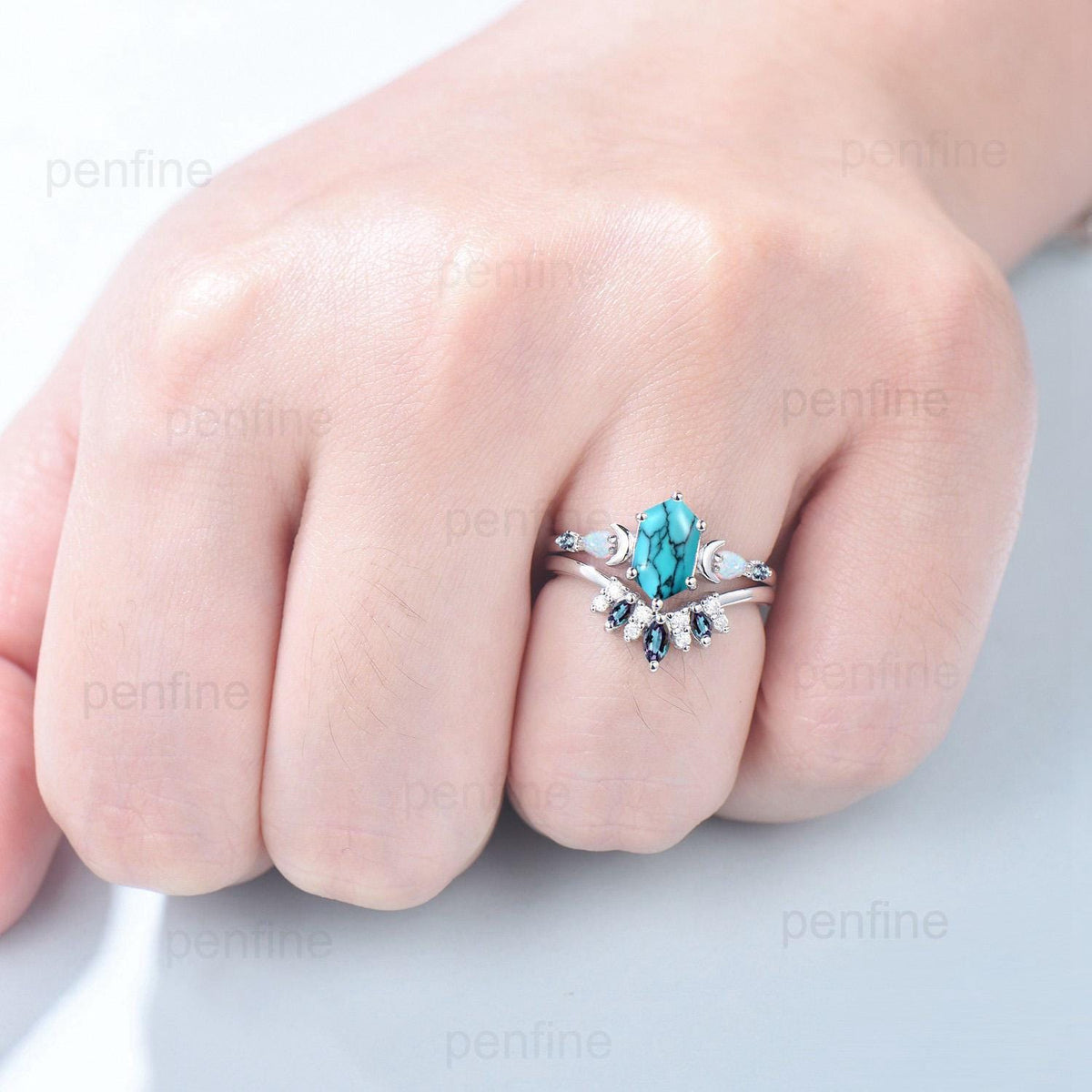 Vintage long hexagon turquoise engagement ring set unique five stone pear White opal art deco alexandrite wedding ring set anniversary gift