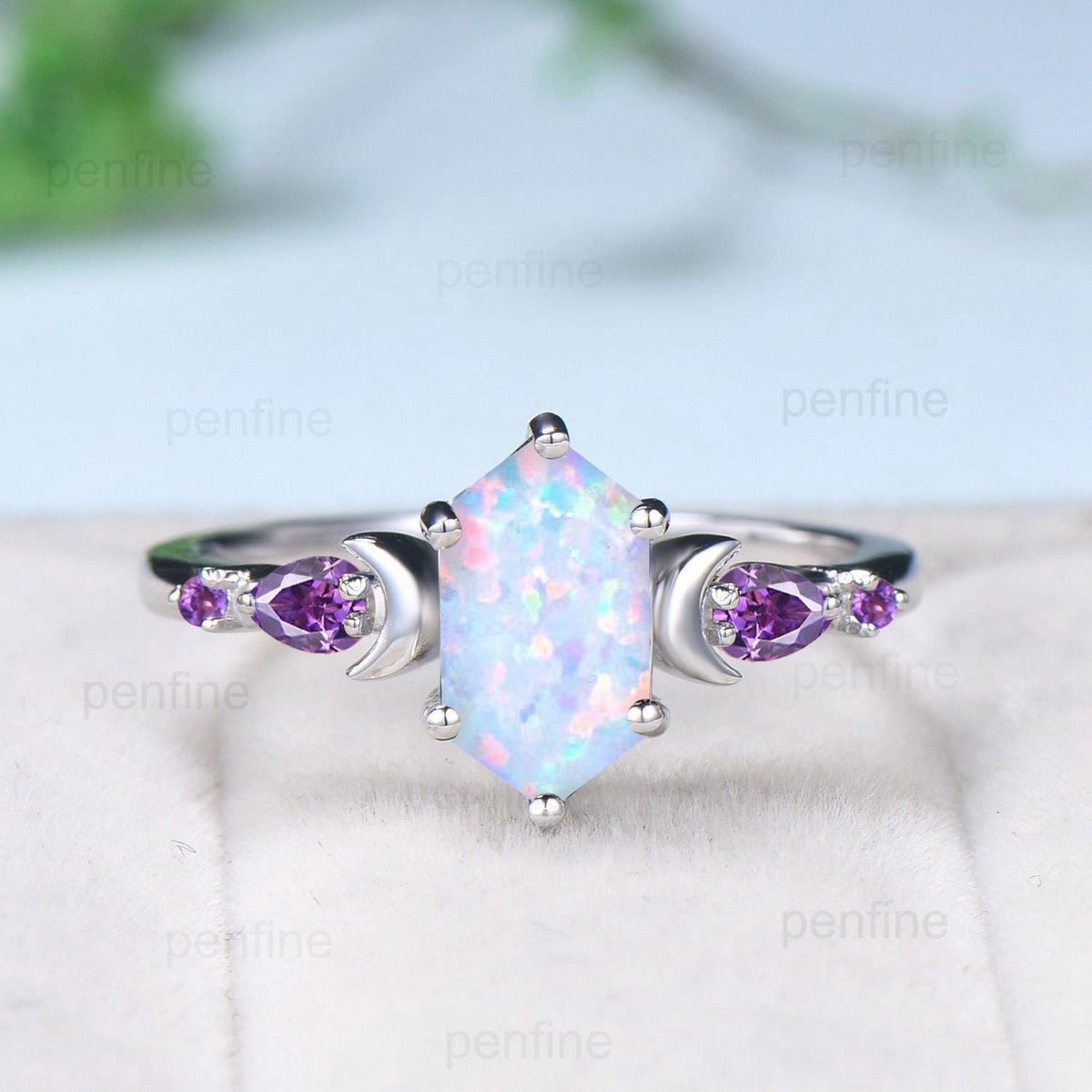 Vintage long hexagon opal engagement ring set rose gold five stone opal amethyst wedding ring set Art Deco curved v emerald band bridal set