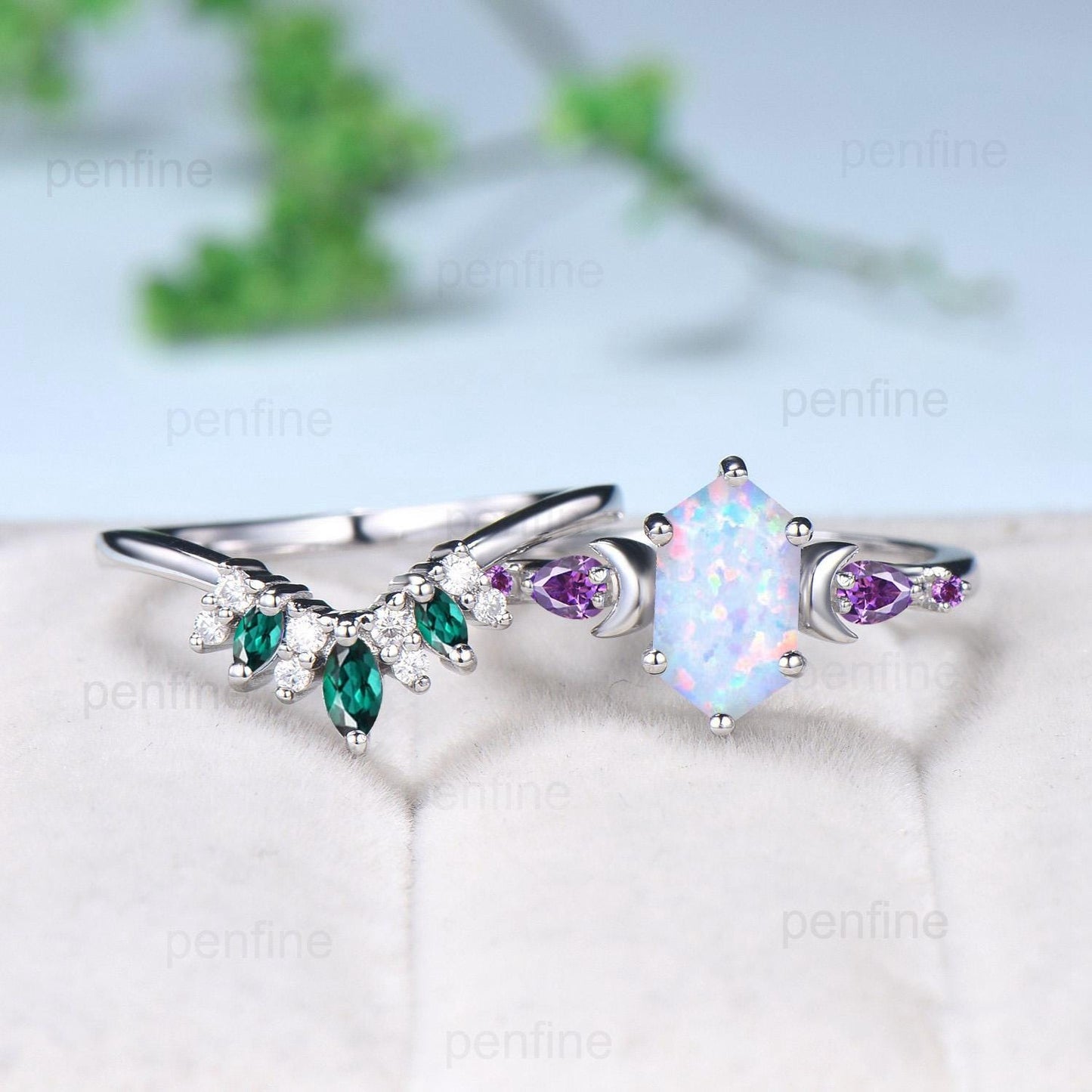 Vintage long hexagon opal engagement ring set rose gold five stone opal amethyst wedding ring set Art Deco curved v emerald band bridal set