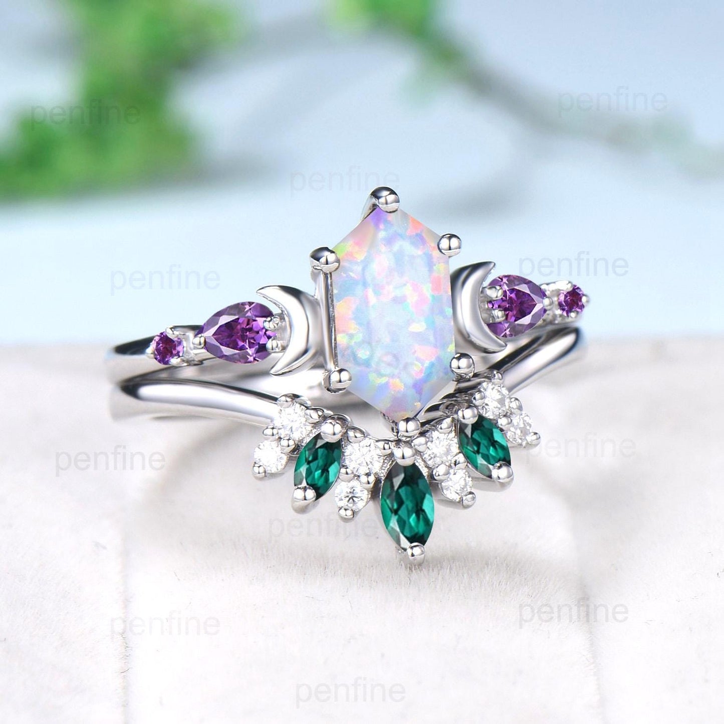 Vintage long hexagon opal engagement ring set rose gold five stone opal amethyst wedding ring set Art Deco curved v emerald band bridal set