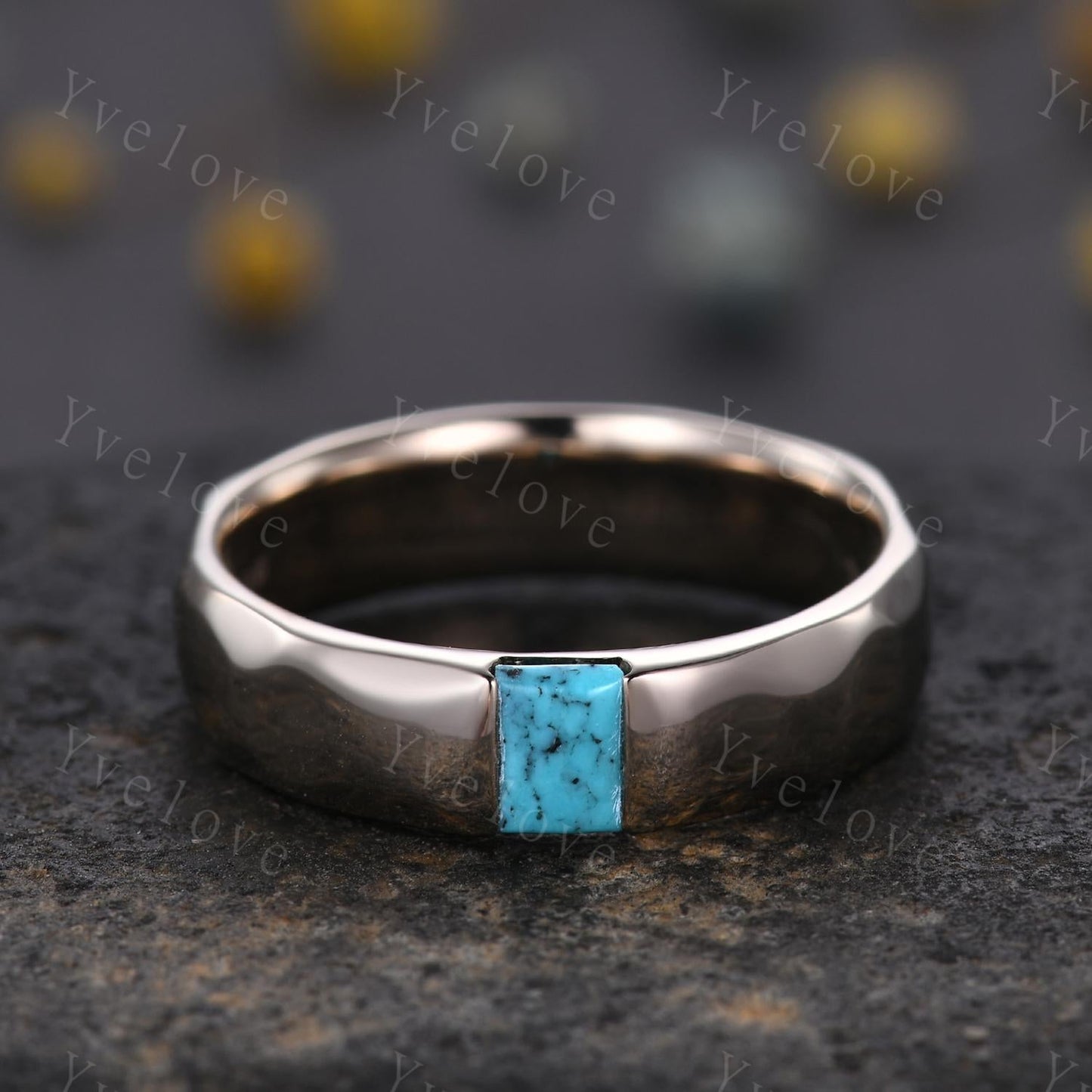 Ancient Mens Turquoise Wedding Band Baguette Cut Turquoise Band Unique Mens Hammered Stacking Matching Band Vintage Retro Ring Gift For Him