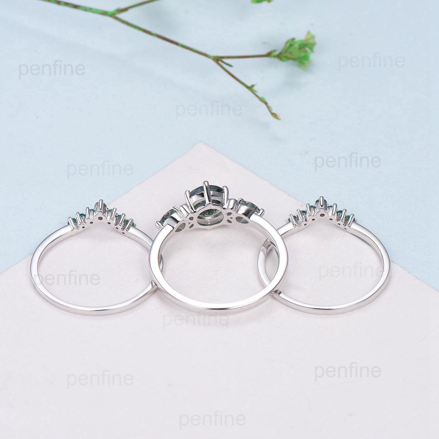 Three Stone Alexandrite Engagement Ring Set Accent Pear Moss Agate Green Crystal Wedding Set Milgrain Elegant White Gold Bridal Set acWomen
