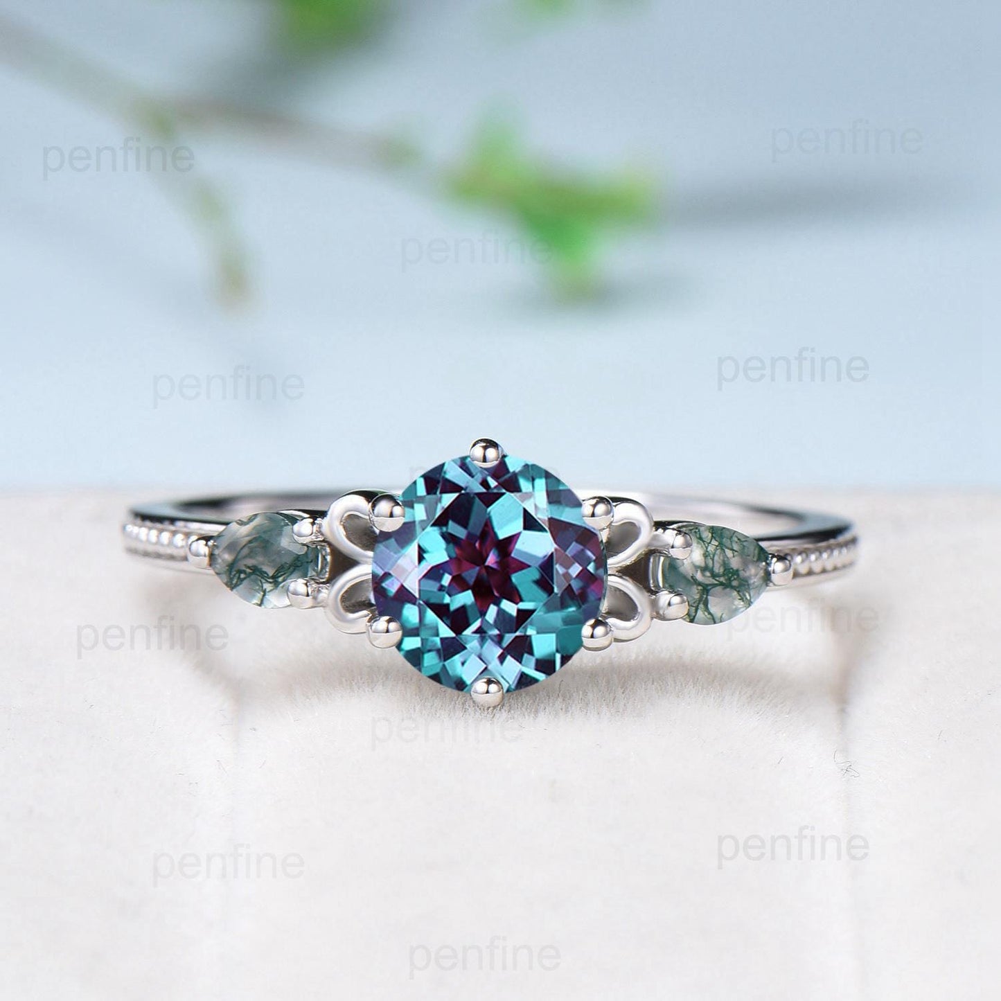 Three Stone Alexandrite Engagement Ring Set Accent Pear Moss Agate Green Crystal Wedding Set Milgrain Elegant White Gold Bridal Set acWomen