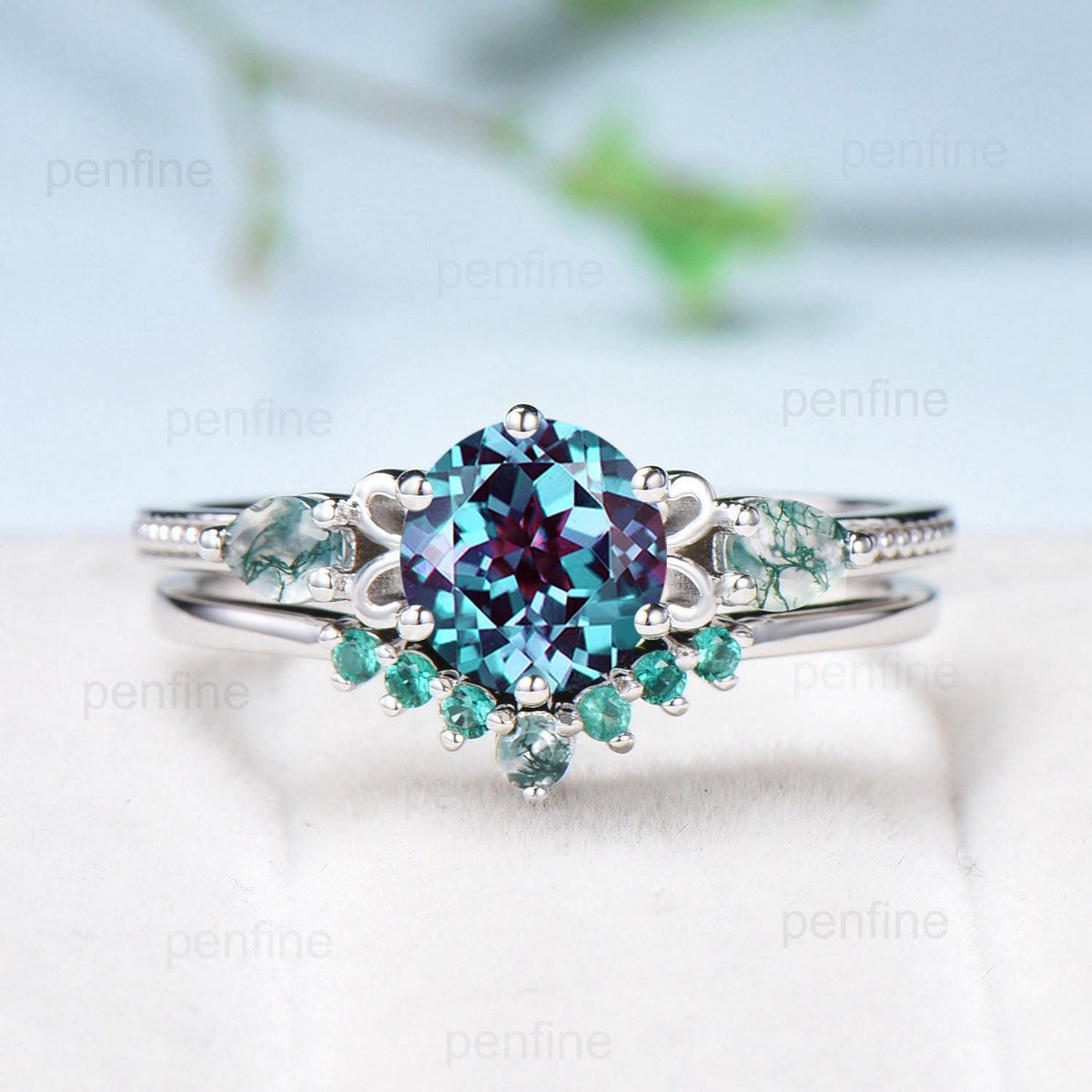 Three Stone Alexandrite Engagement Ring Set Accent Pear Moss Agate Green Crystal Wedding Set Milgrain Elegant White Gold Bridal Set acWomen