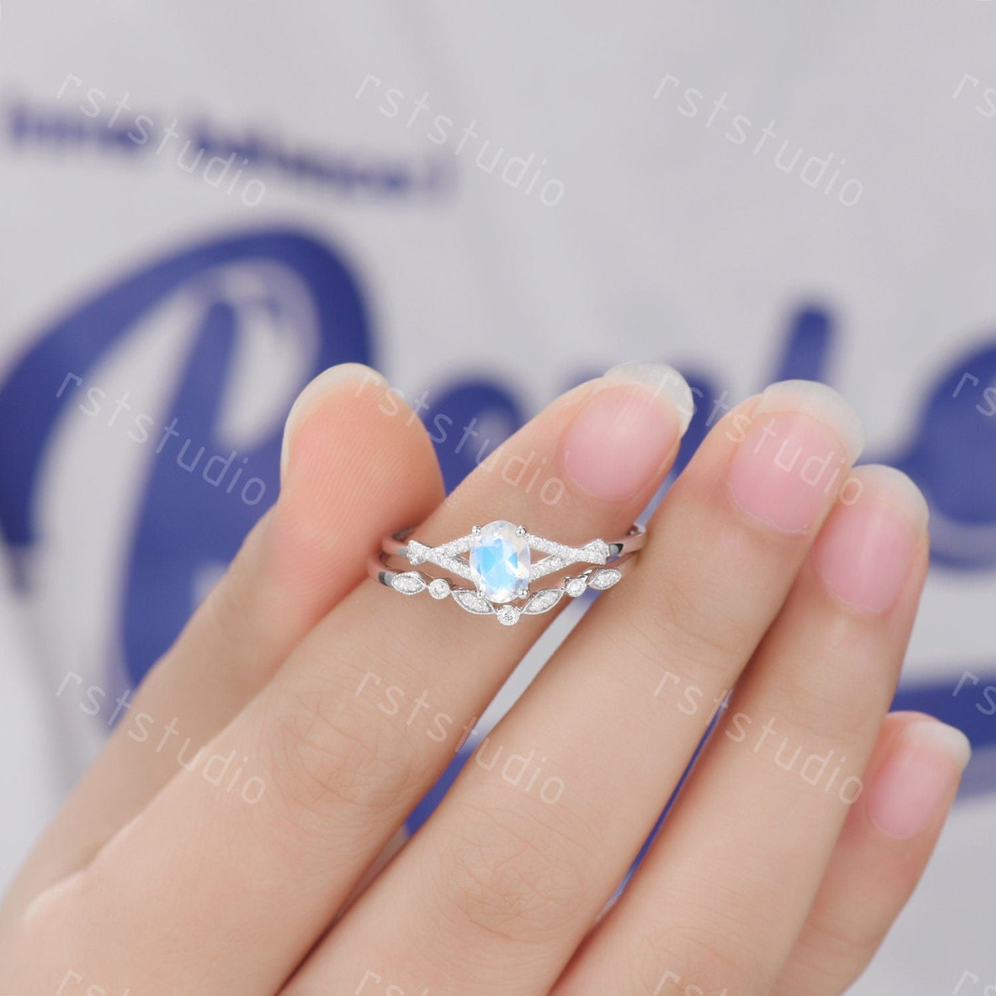 Oval Moonstone Engagement Ring Set: Vintage Art Deco Silver Bridal Set