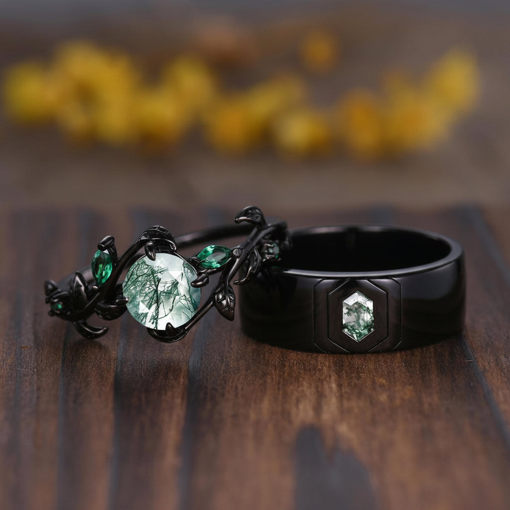 Vintage Moss Agate Couples Ring Set: Black Gold Wedding Bands