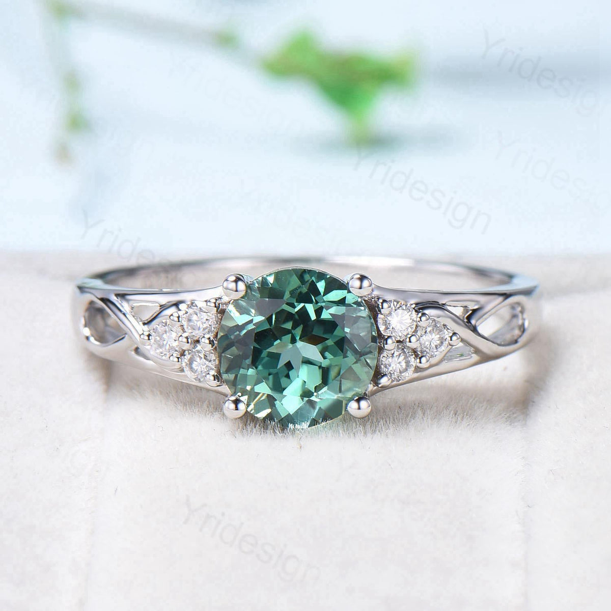 Vintage Green Sapphire Engagement Ring White Gold Solid 10K/14K/18K Gold Unique Cluster Moissanite Diamond Wedding Ring Anniversary gift